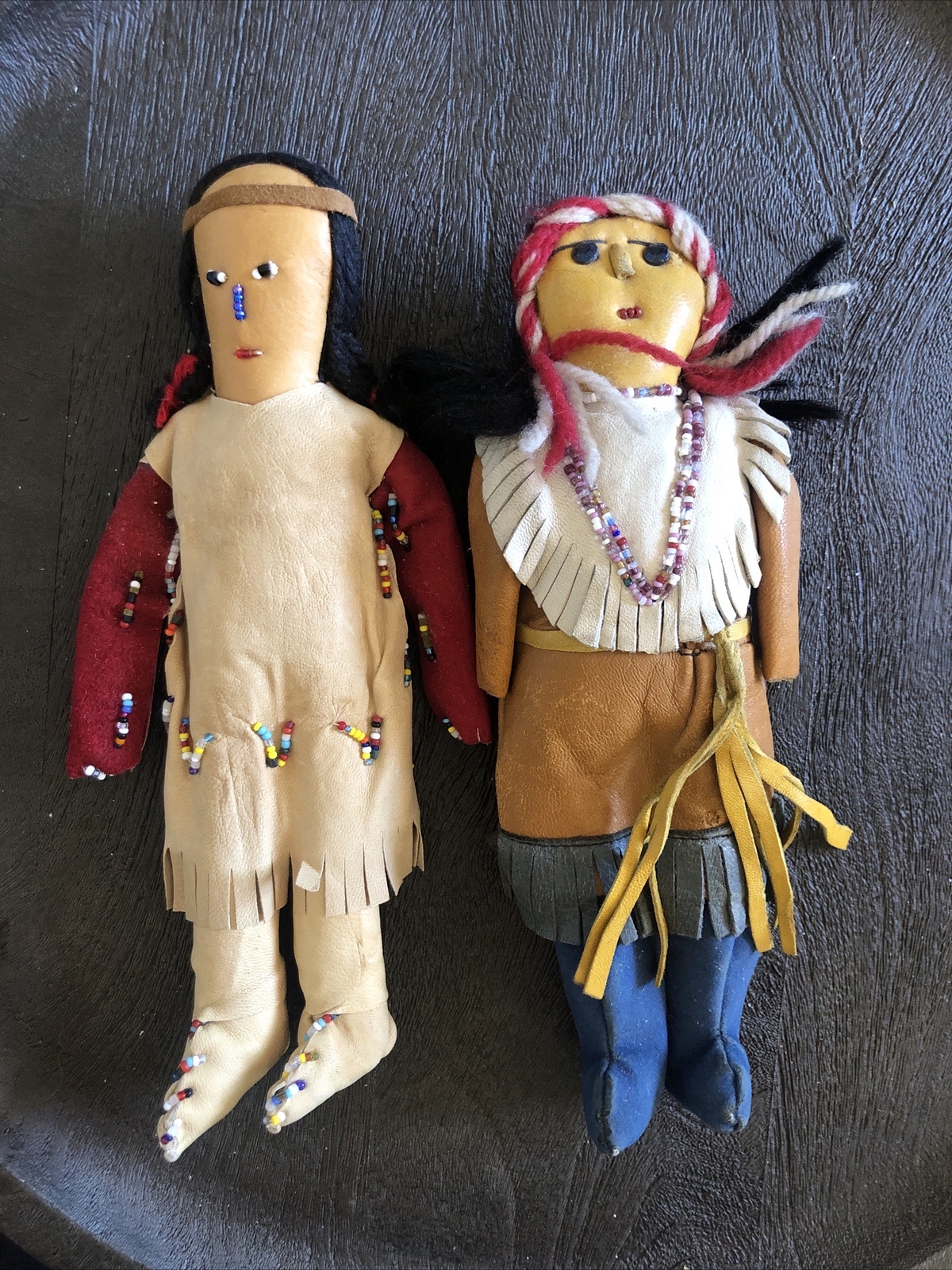 Lot Of 2 Antique 1930\'s Native American Indian Buckskin Souvenir Leather Dolls