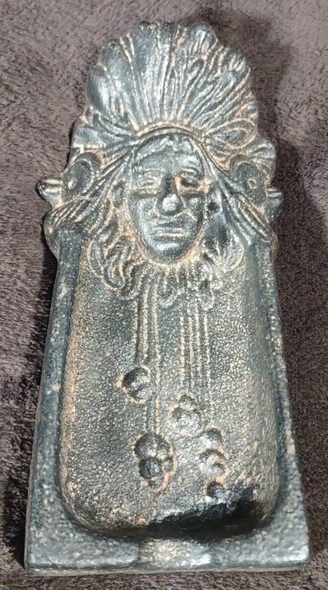 VTG Cast Iron Copper Plated Indian Chief Head Cigar Ashtray Pen Holder Door Stop