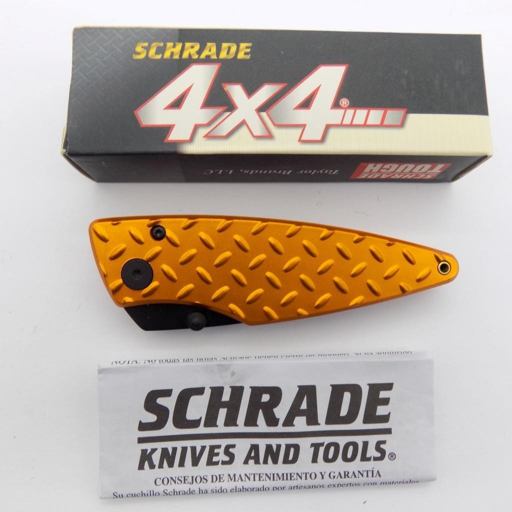 Schrade 4X4 SQ477 Folding Pocket Knife Orange Diamond Plate Liner Lock Aluminum