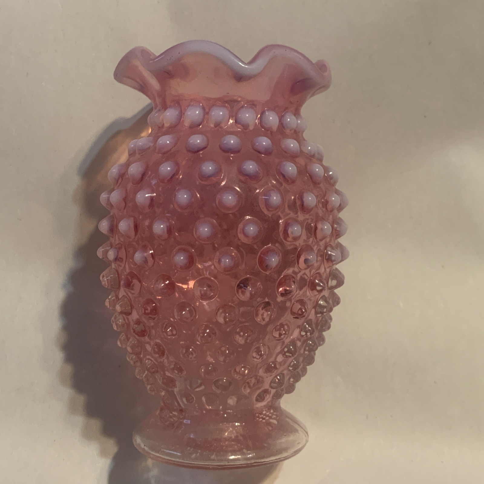 Vintage Mini Fenton Cranberry Opalescent Hobnail Glass Vase Ruffled Rim 3.75”