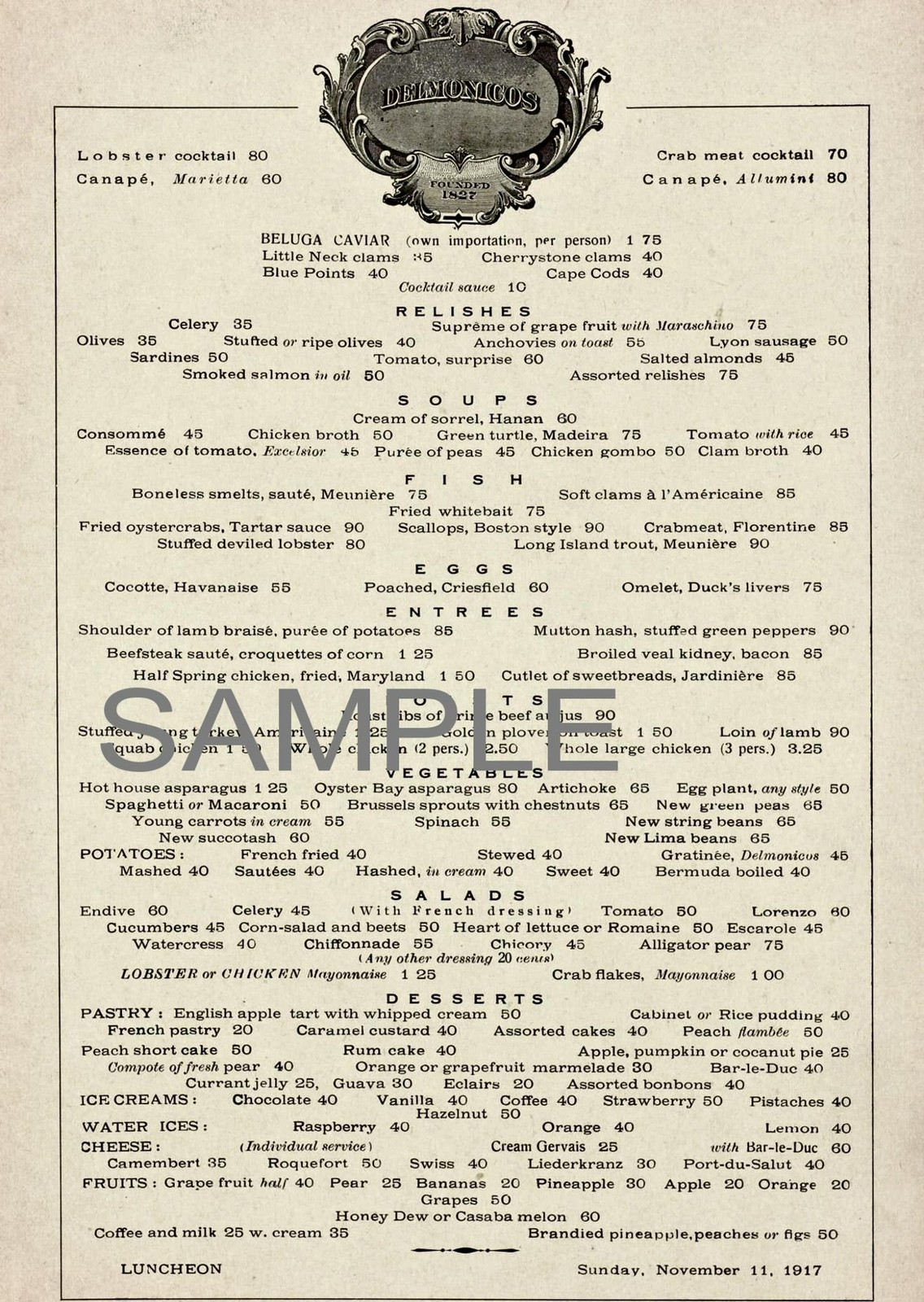 1917 DELMONICO'S New York MENU Photo  (232-Y)