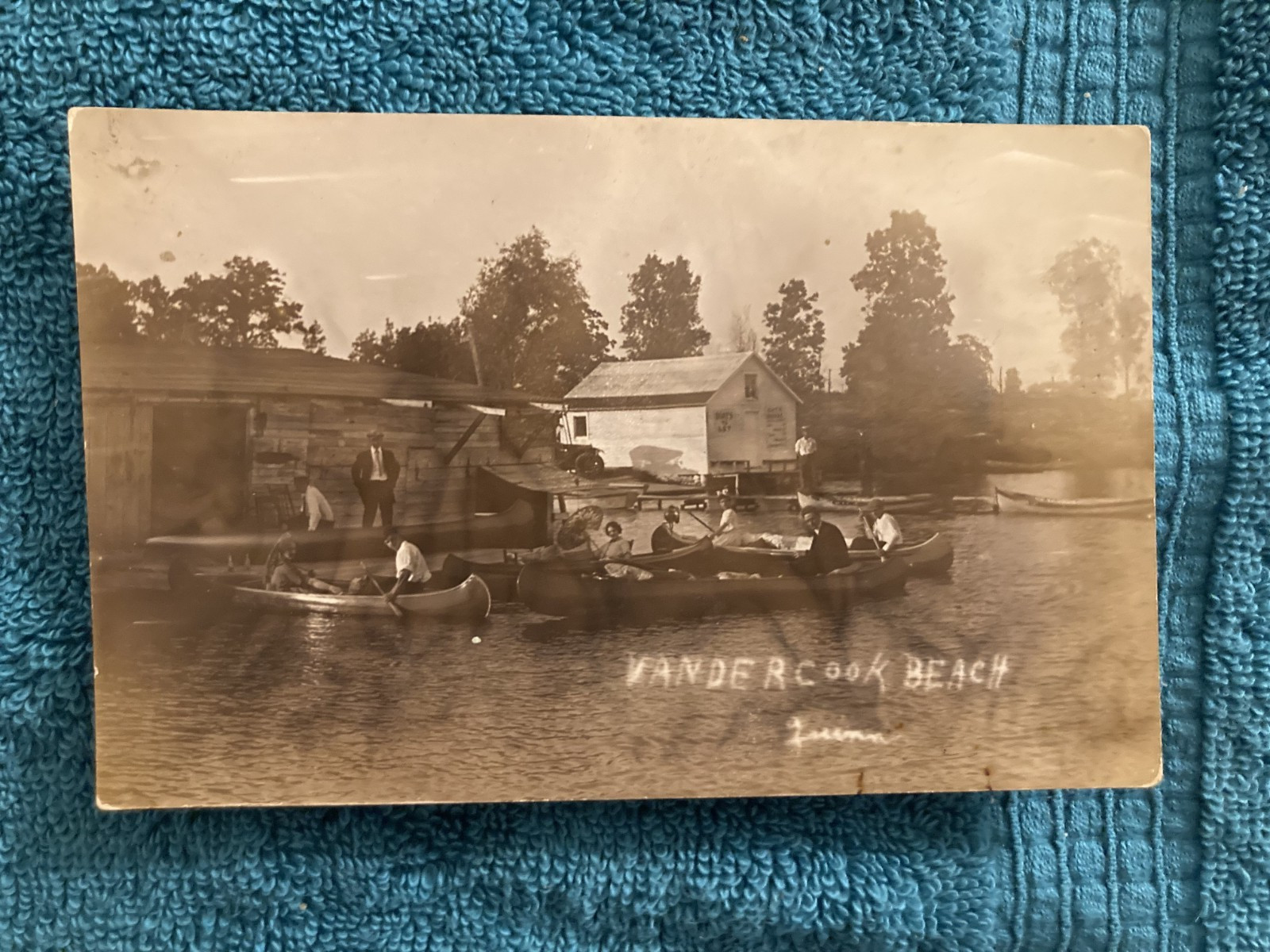 RPPC Vandercook Lake Beach Canoeing Couples Jackson Michigan Unposted c1910