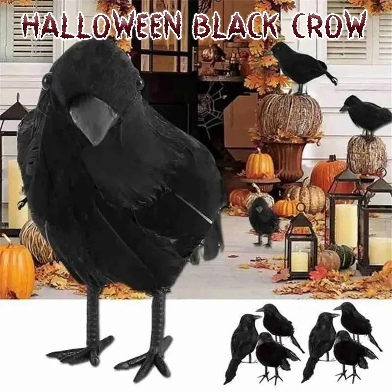 Realistic Black Crow Halloween Prop Fake Bird Scary Raven Feather Decoration UK