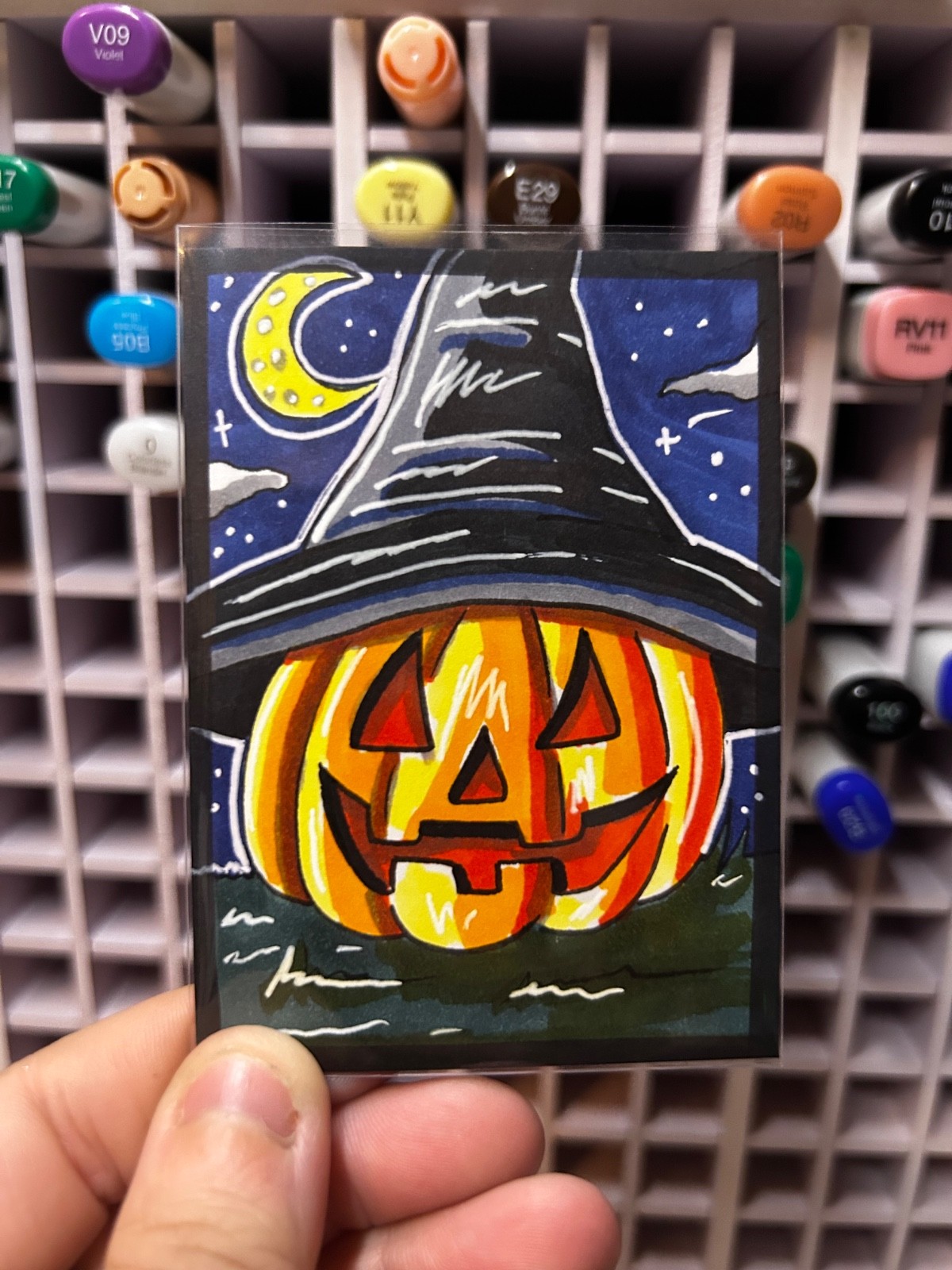 ACEO Original- Autumn Halloween pumpkin with witches hat on a dark night