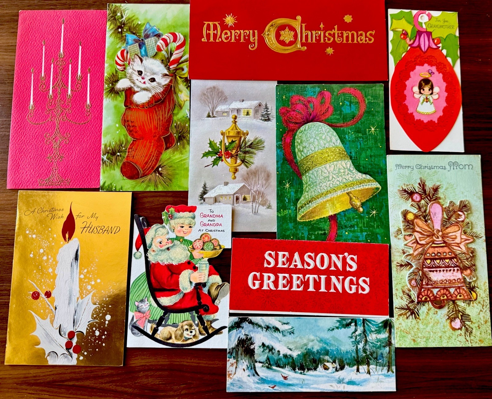 Lot of 11 Vintage MCM Holiday/Christmas Cards 1940s-1970s USED Mod Groovy