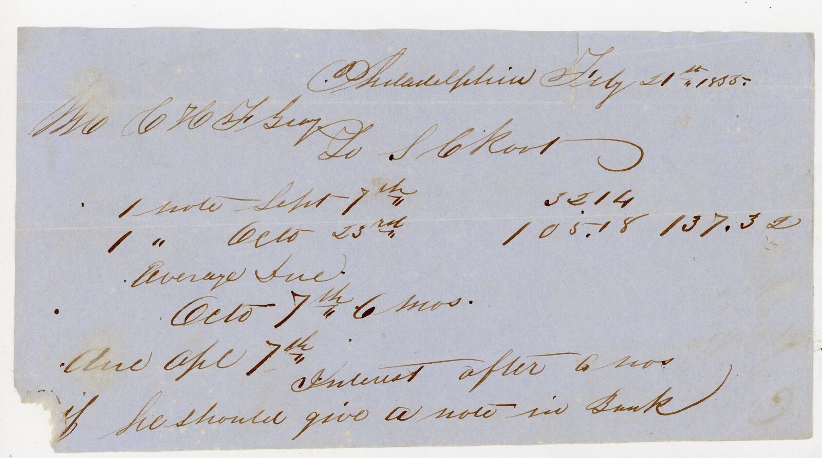 1855 Handwritten Philadelphia Financial Note to S.L. Koot C. Stokes Bill Antique