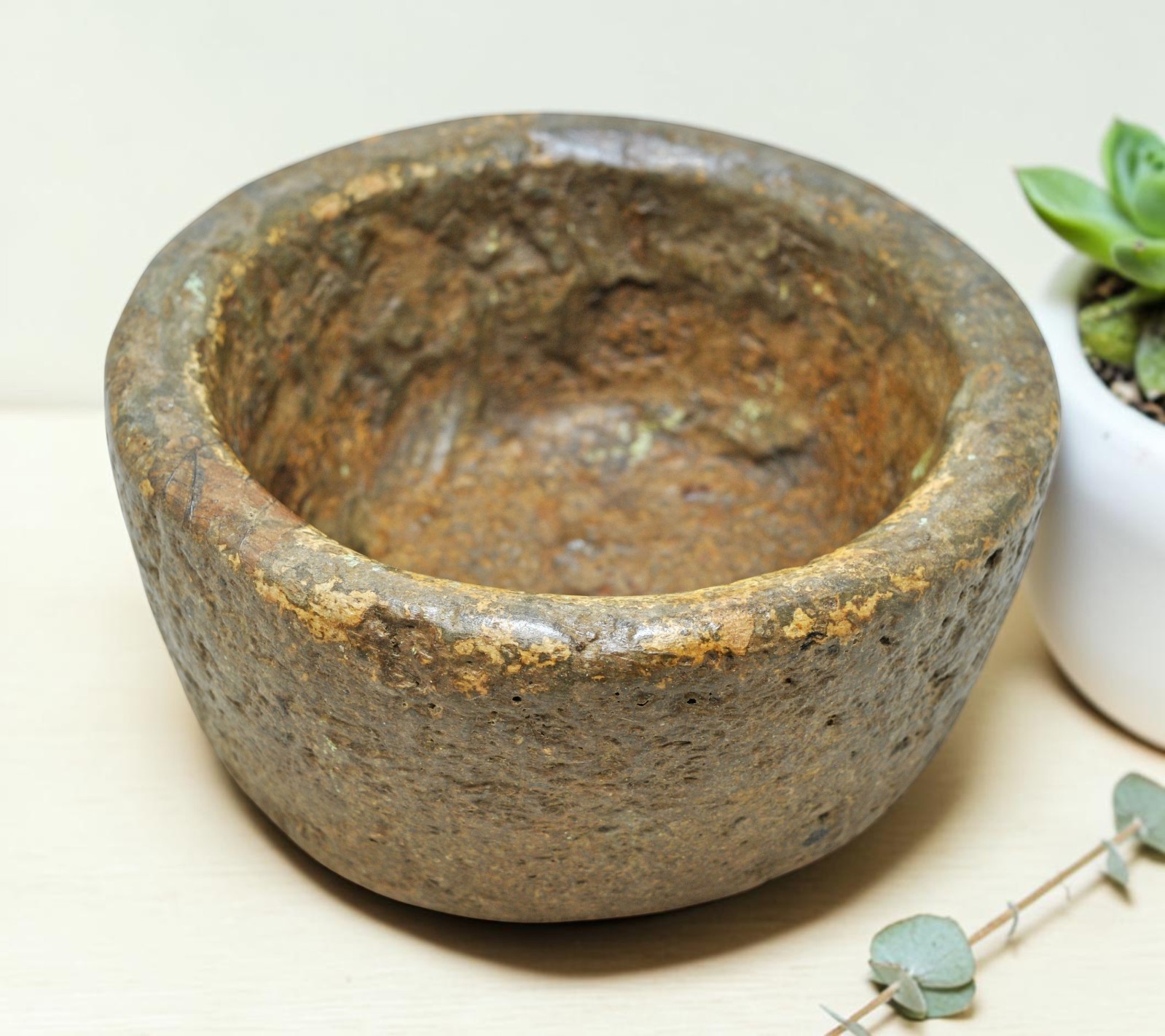 Antique Sand Stone Round Kitchenware Curry Bowl Original Old Fine Hand Carved
