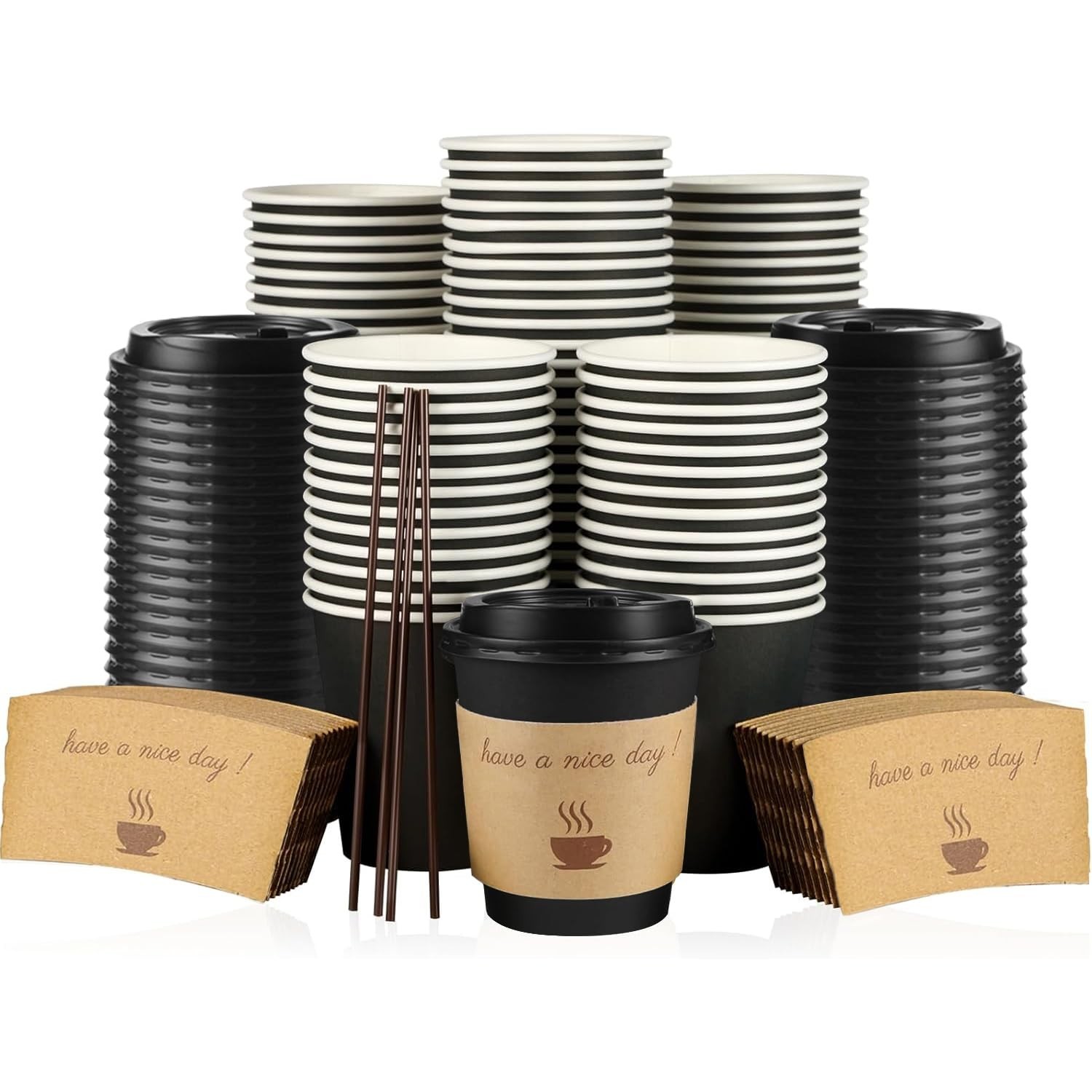 Clawsoff 100 Pack 10 oz Disposable Paper Coffee Cups with Lids(Black)