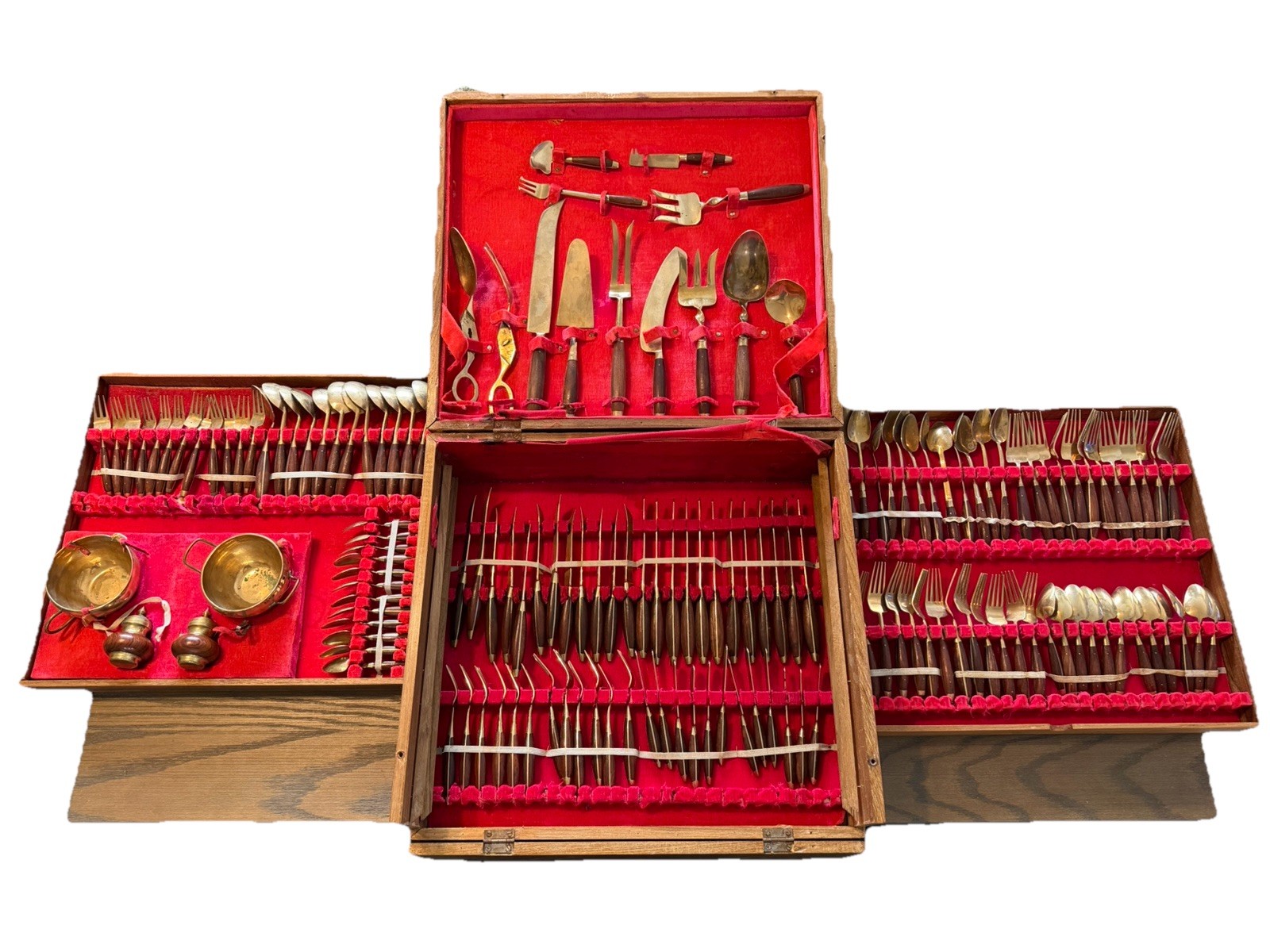 Vintage Thai Brass and Rosewood Flatware Set - Service for Twelve + (155 Pieces)
