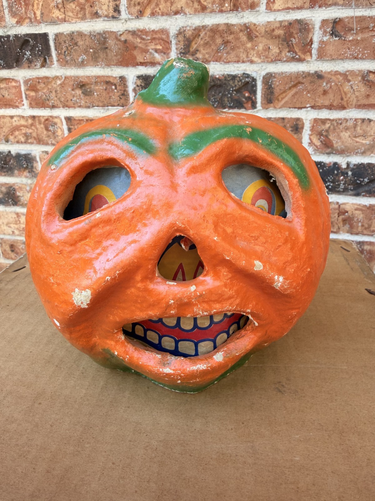 Vintage 1930s-50s  Pulp Paper Mache Halloween Jack O Lantern with Paper Insert