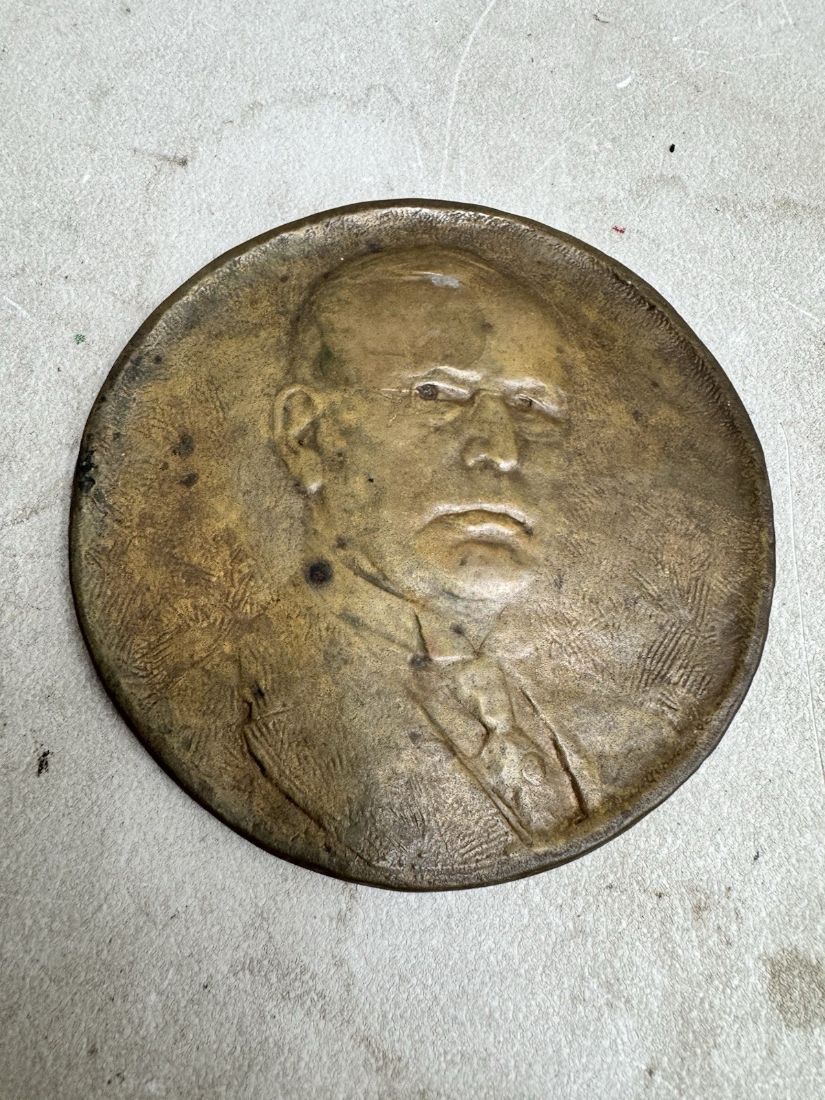 Antique Bronze Bas Relief Portrait Medallion Plaque Unidentified Man 6.5