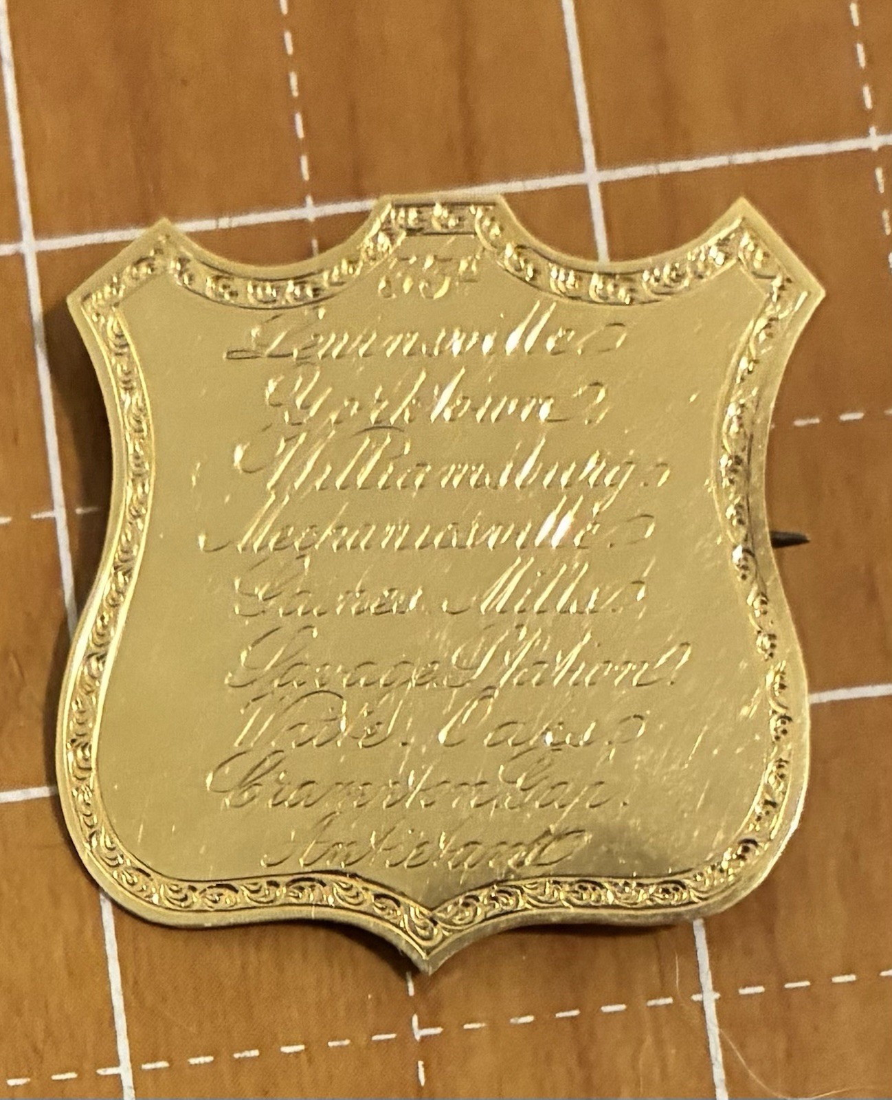 Rare Civil War 14K Gold Shield Engraved With Battle Areas 33rd New York Infantry