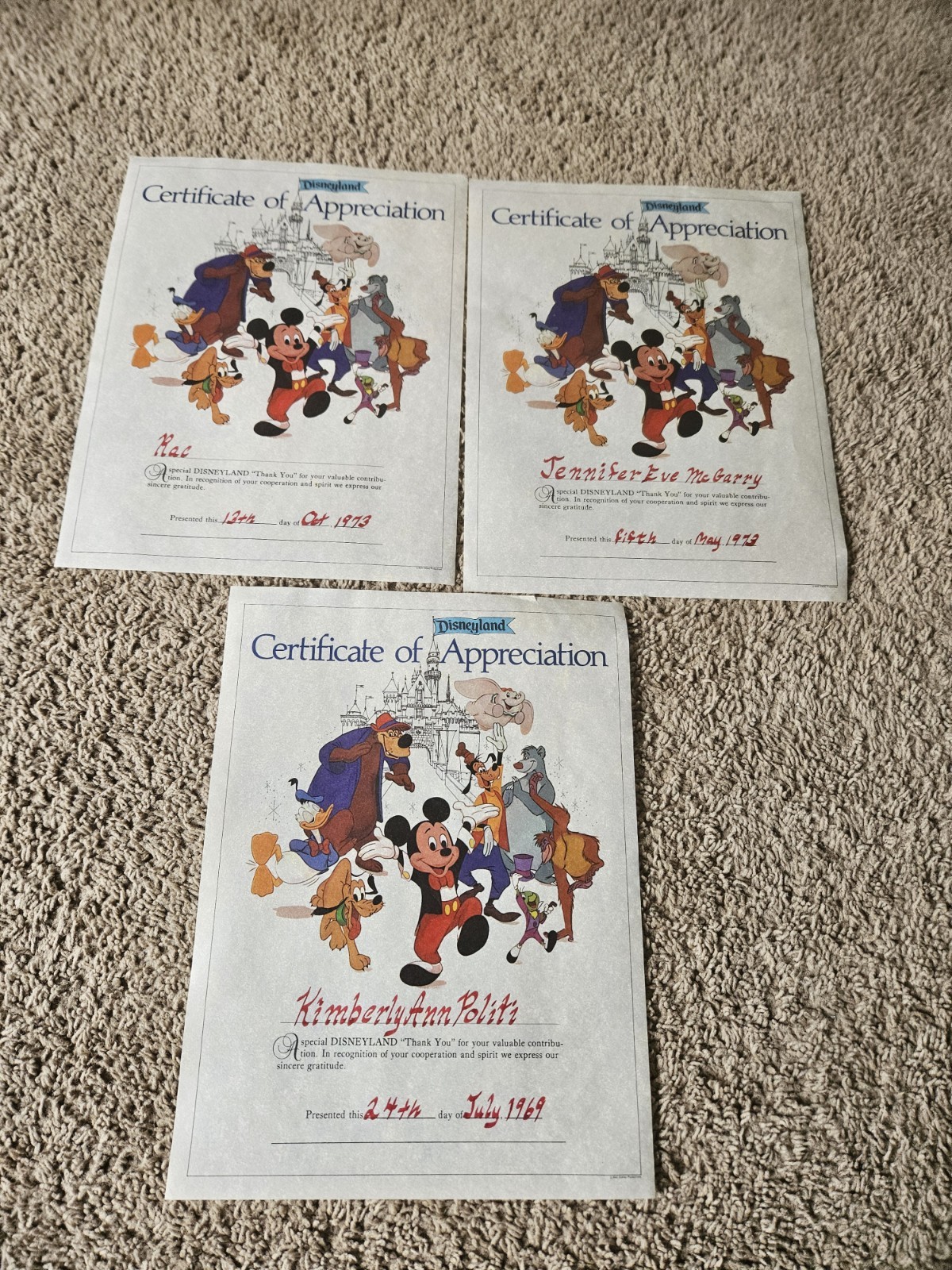 Lot Of 3 Vintage Disneyland Certificate Of Appreciation 60s 70s Rare Disney