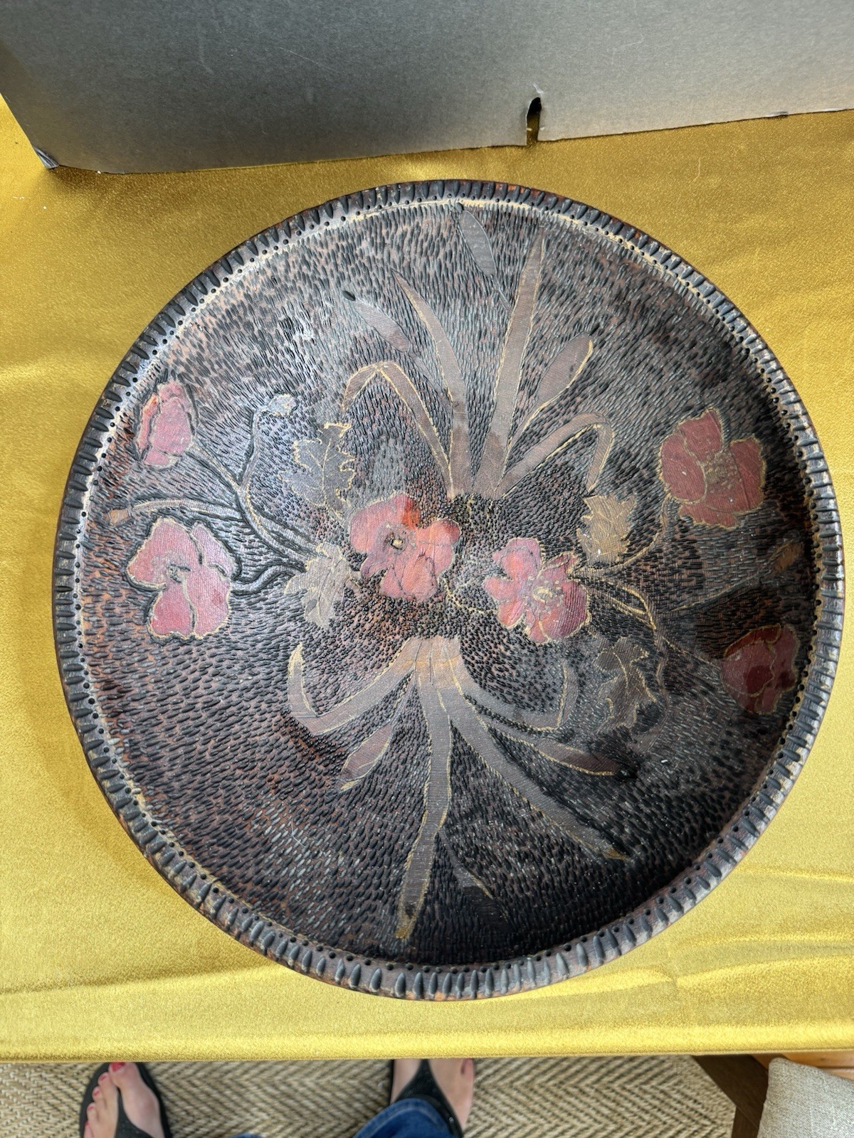 Antique Art Nouveau Pyrography Wood Burned Poppy Bowl 12.5