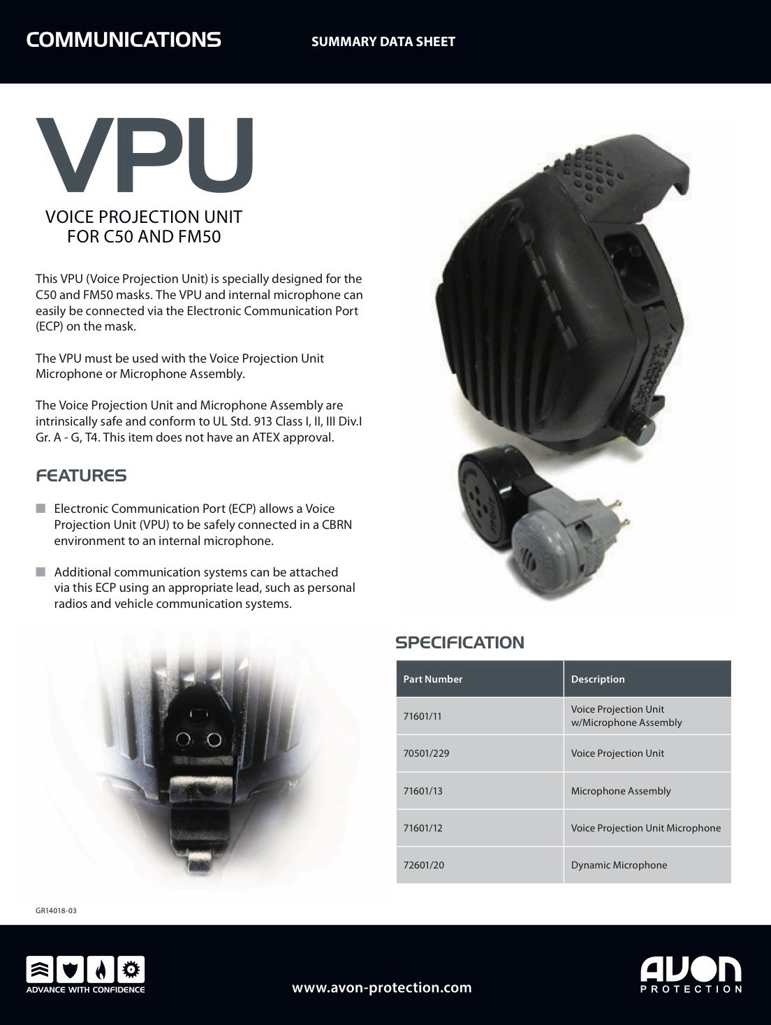 Avon VPU for C50 /M50 Gas Mask -Powered Voice Projection Unit Amp & Internal Mic