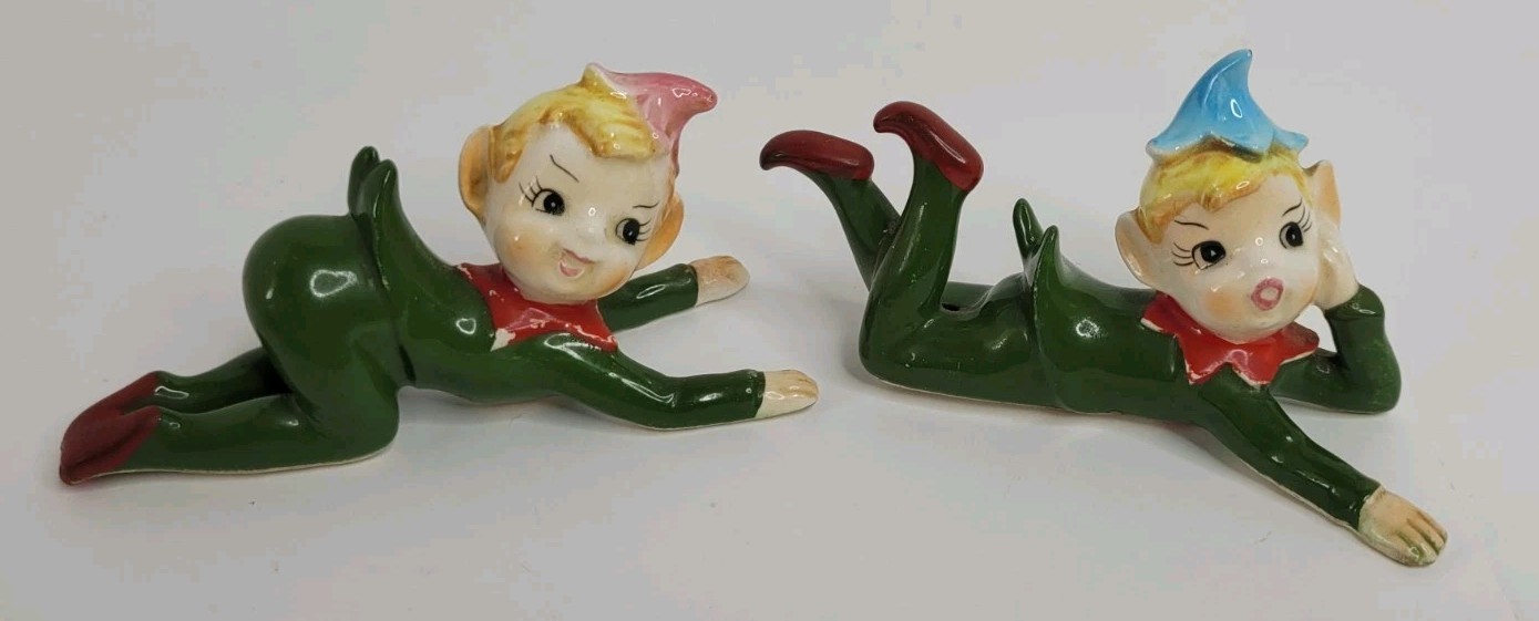 2 Vintage Green Pixie Elves Elf Figurines Collectible Christmas Japan