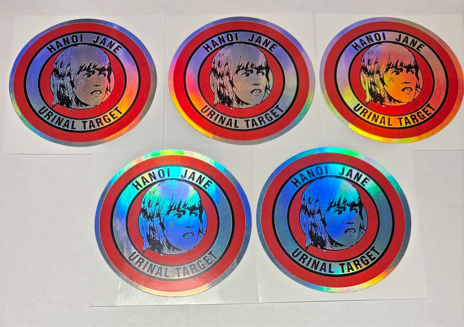 HANOI JANE FONDA URINAL TARGET HOLOGRAPHIC STICKERS/DECALS…PACK OF 5