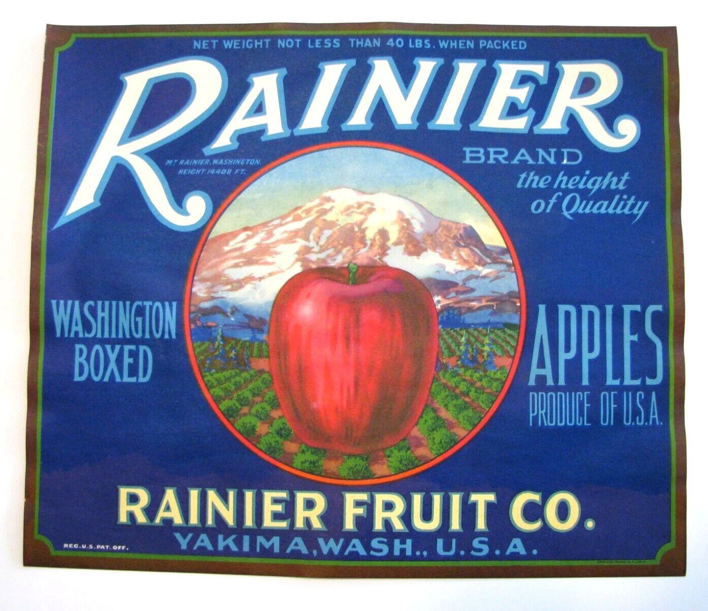 Original 1930s RAINIER apple crate label Mt Rainier Washington 40 lb extra fancy