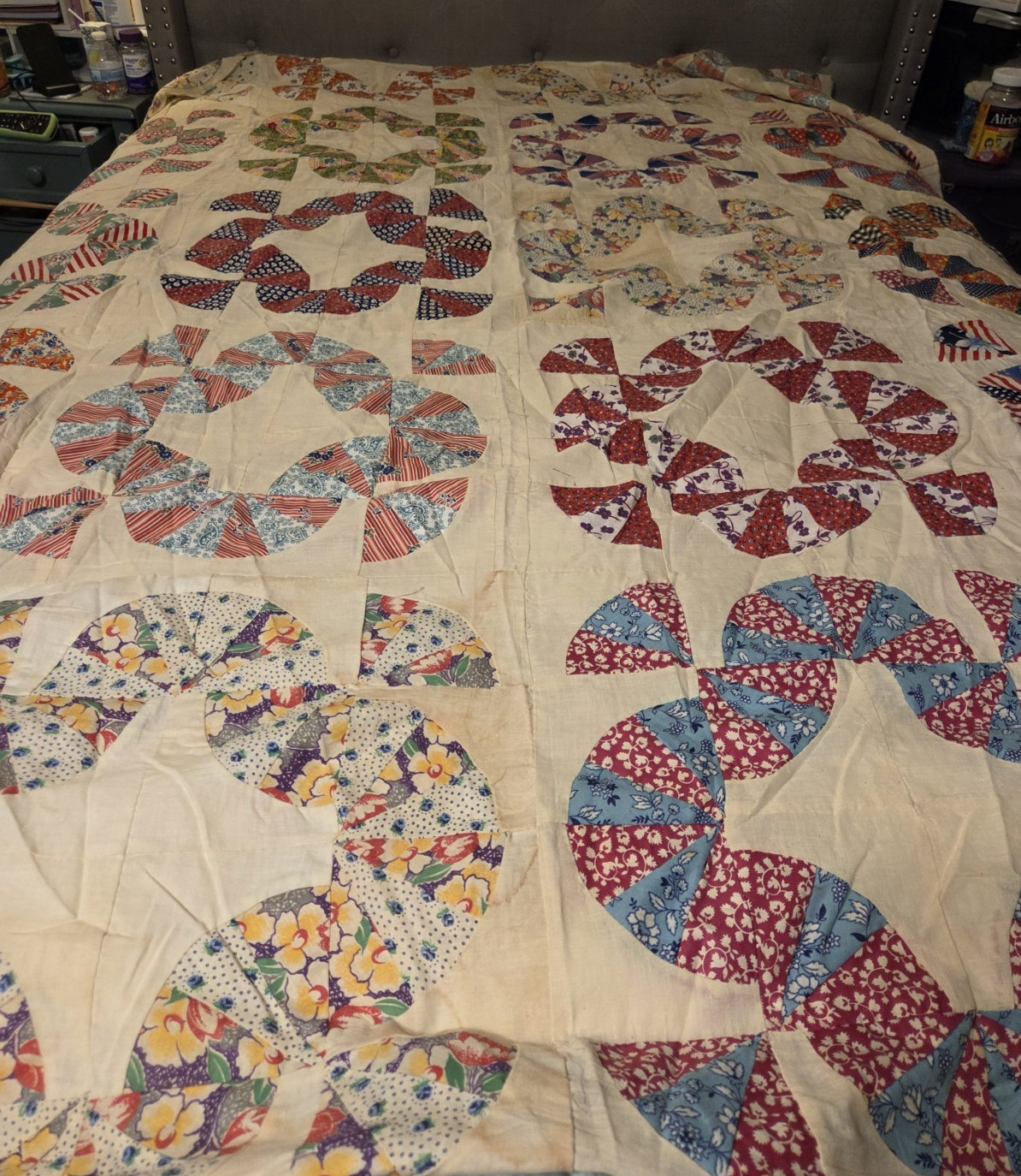 Vintage 1920s Hand Pieced Cotton Feedsack Fabric Quilt Top - 84 x 65