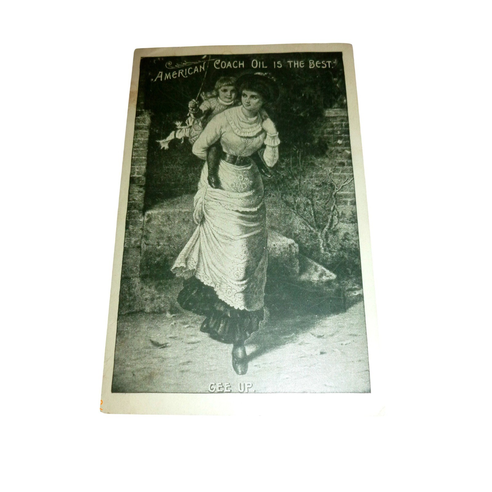 Antique American Coach Oil Trade Card J Shulz Drugs Carthage IL Victorian Gee Up