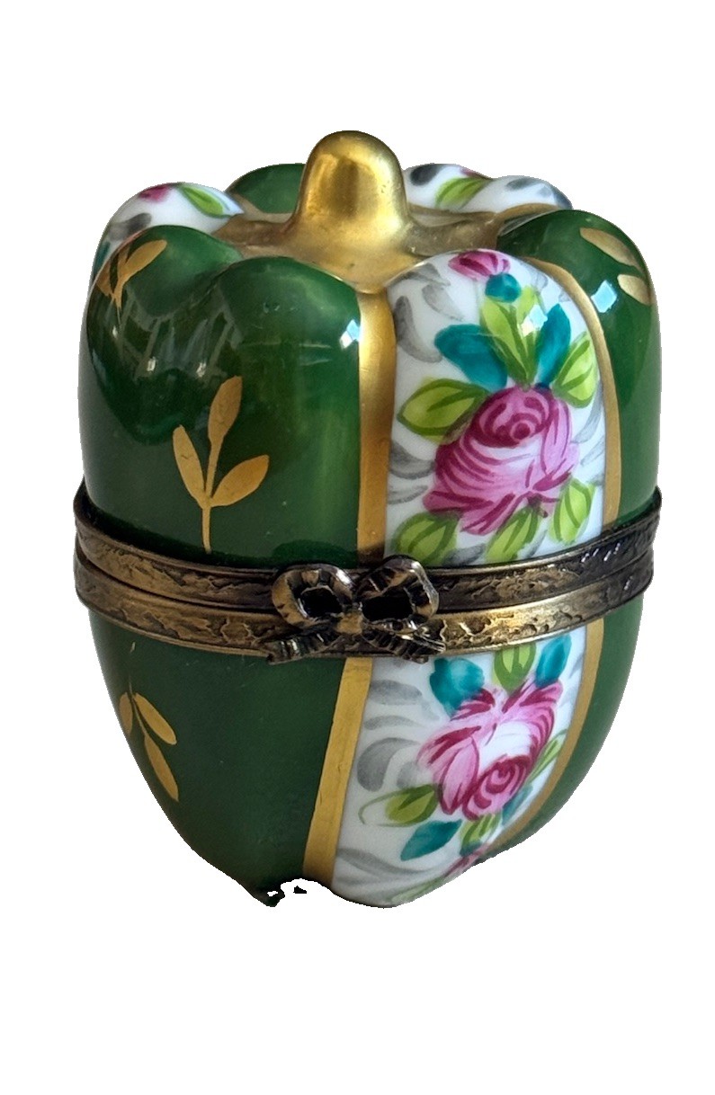 Retired Limoges Green Bell Pepper w/Floral Panels Trinket Box  La Gloriette