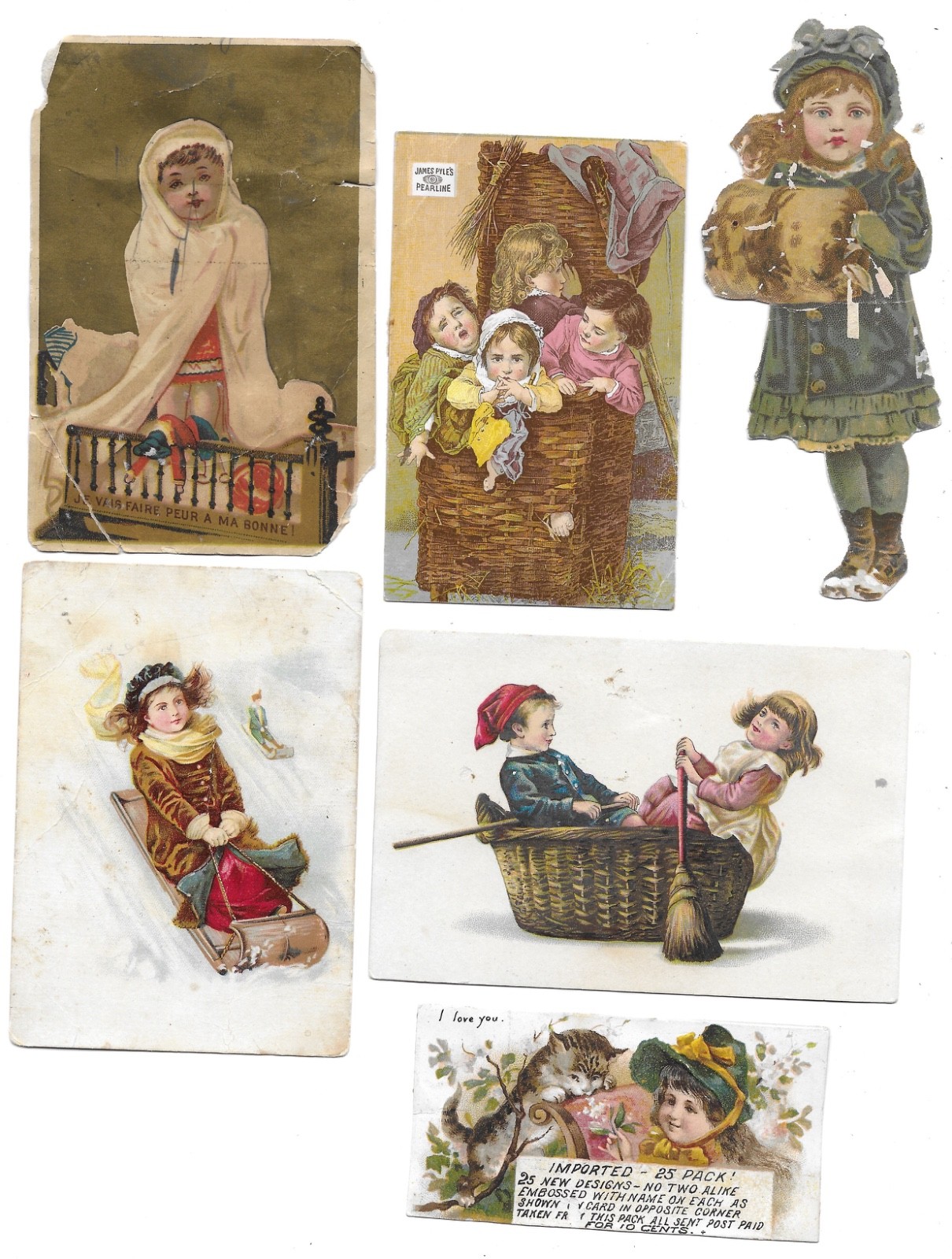 6 Antique Pyle's Pearline AD CARDS using CHILDREN + FLYNN Bros. Somerville Mass.