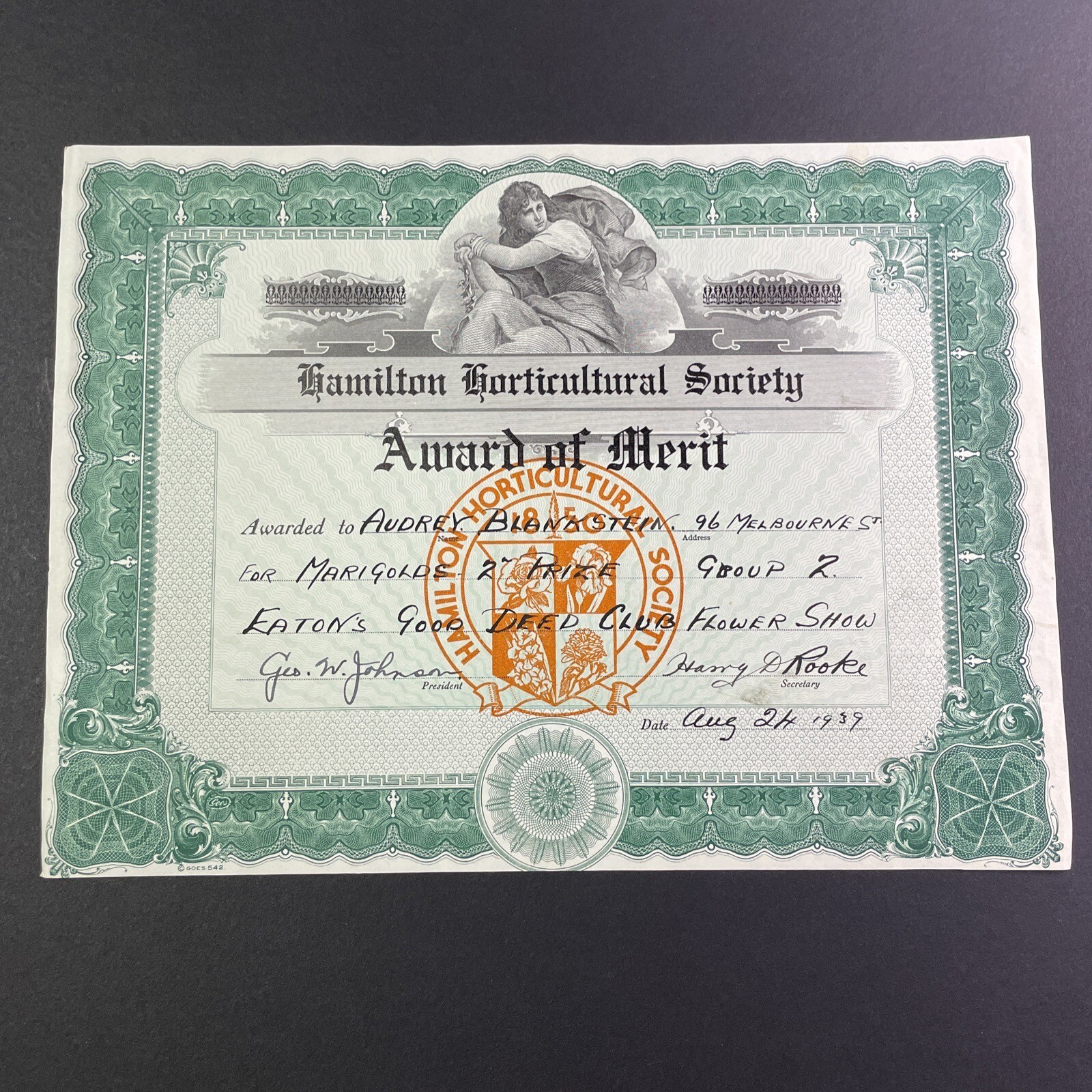Vintage 1939 Hamilton Horticultural Society Award of Merit Certificate Marigolds