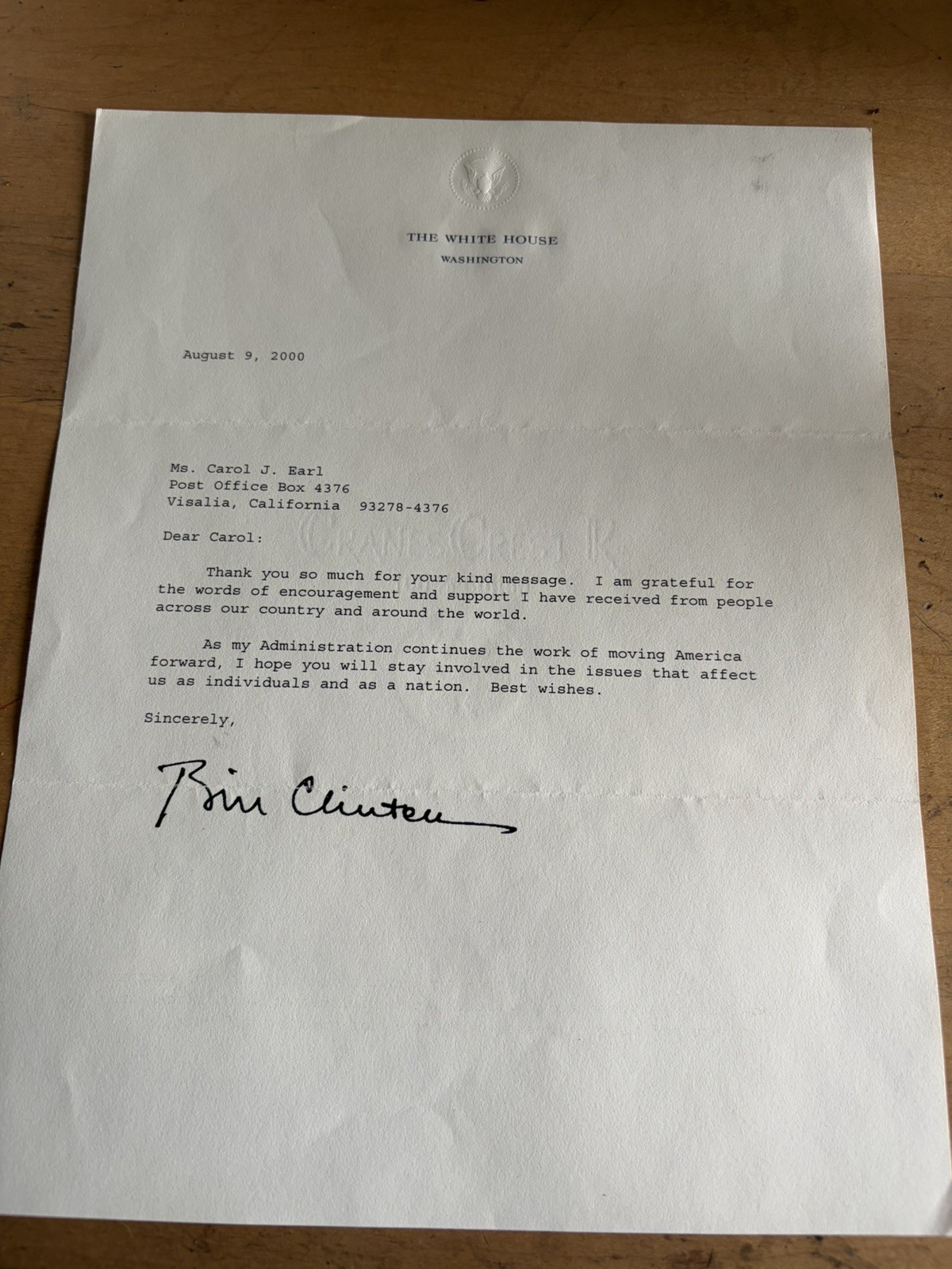 August 2000 President Bill Clinton signed personal letter