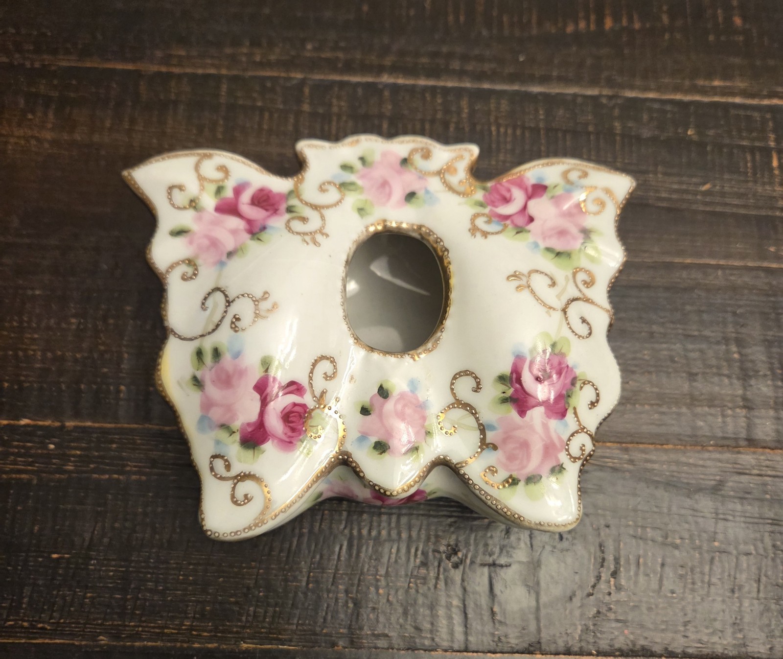 Antique Hair Receiver Nippon Moriage Hand Painted Green Pink, roses 
