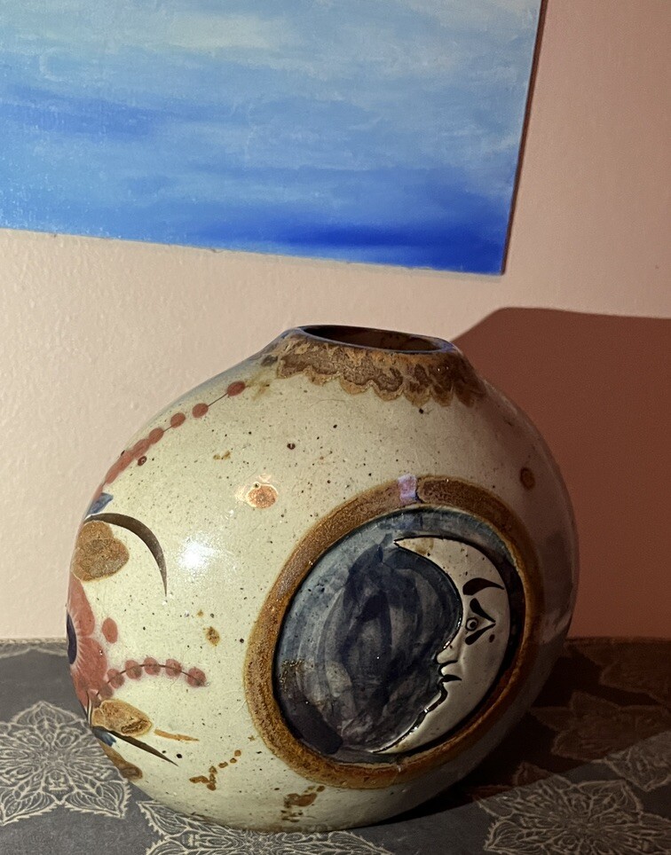  Vintage Moon & Sun Floral Signed Mexican Pottery Vase