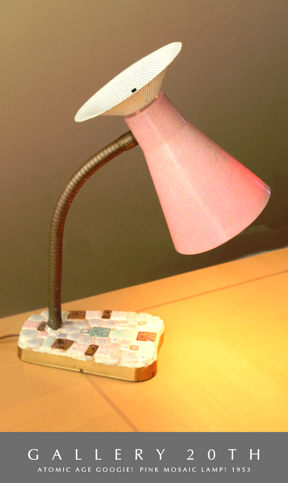ATOMIC VTG GOOSENECK PINK MOSAIC LAMP 50\'S FIBERGLASS SHADE MID CENTURY MODERN
