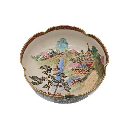 Satsuma Hand-painted Vintage Bowl Waterfall Design Japan
