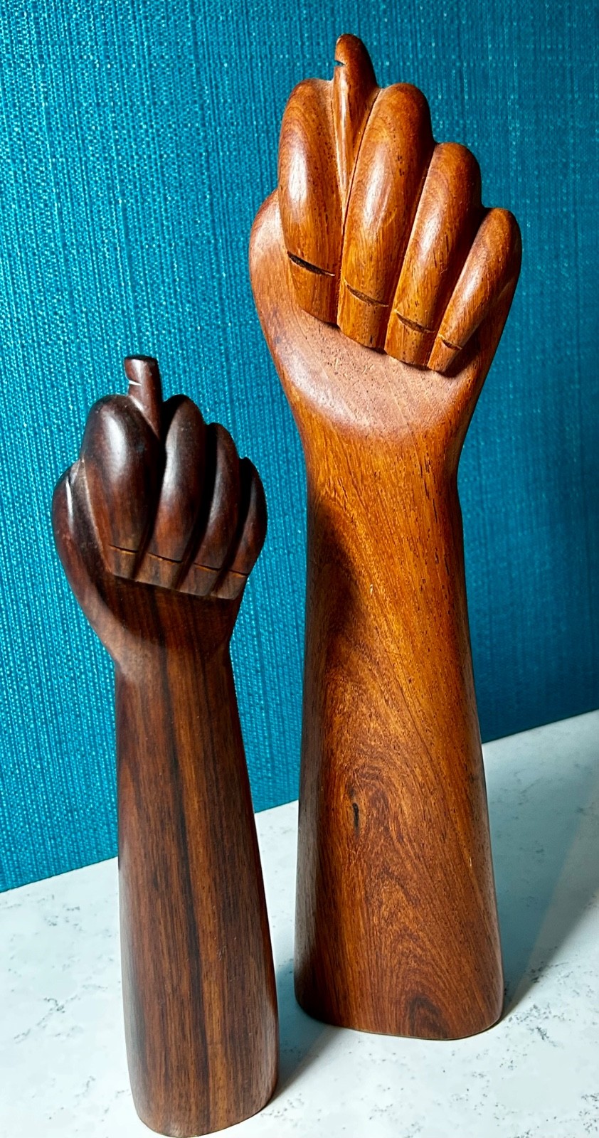 Vintage Pair Carved Wood Mano FIGA Fist sculptures MCM BOHO 9.5\