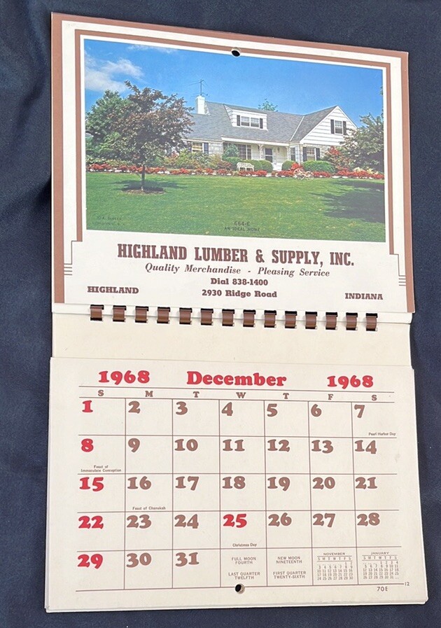 Vtg 1968 Highland (Indiana) Lumber/Supply Co Advertising Calendar~w/Recipes