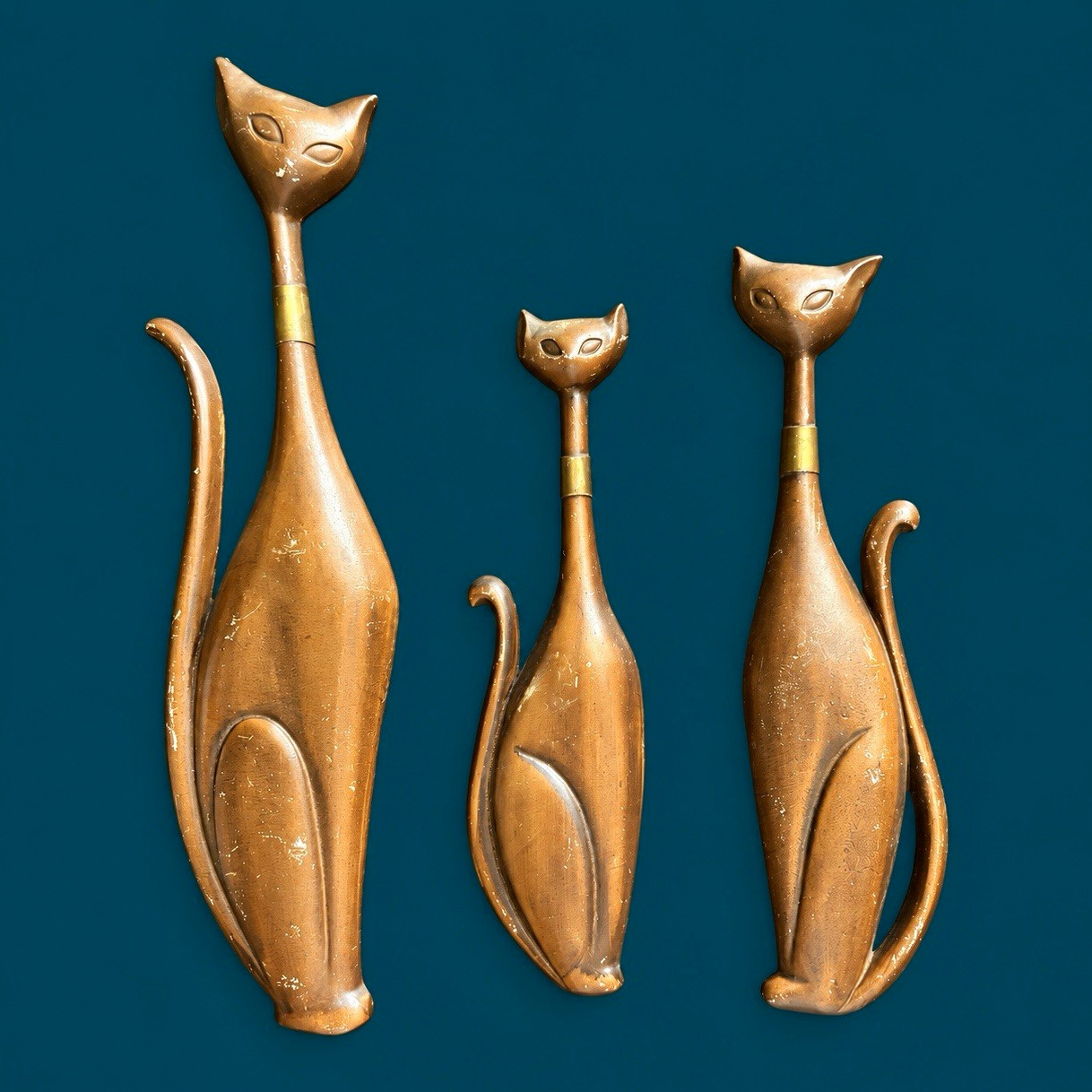 Sexton Set of 3 Gold Cast Metal Cat Wall Figurines Signed Mid-Century Modern