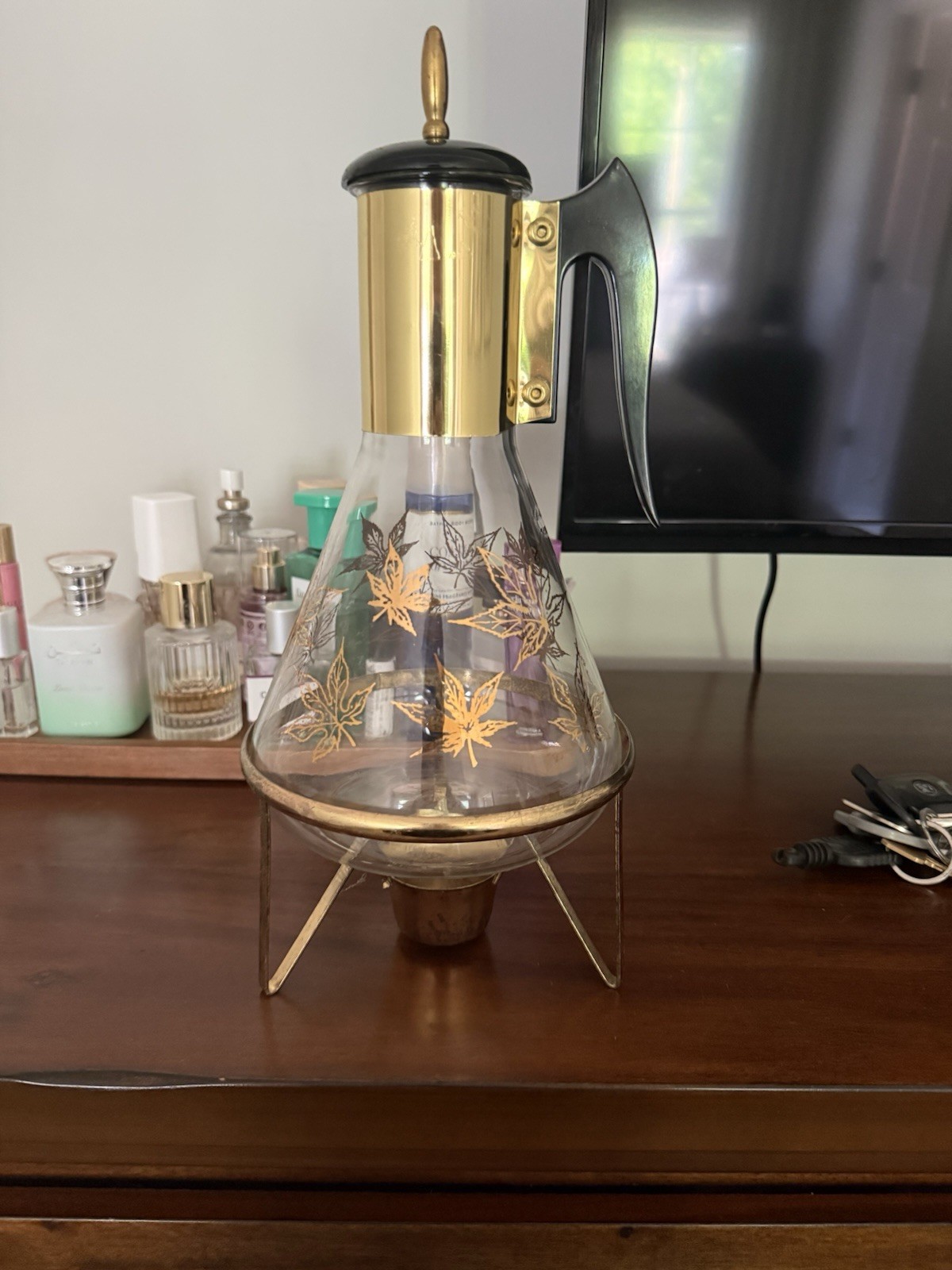 Vintage MCM Fred Press Corning Gold Leaves Glass Coffee Carafe Pot Brass Stand