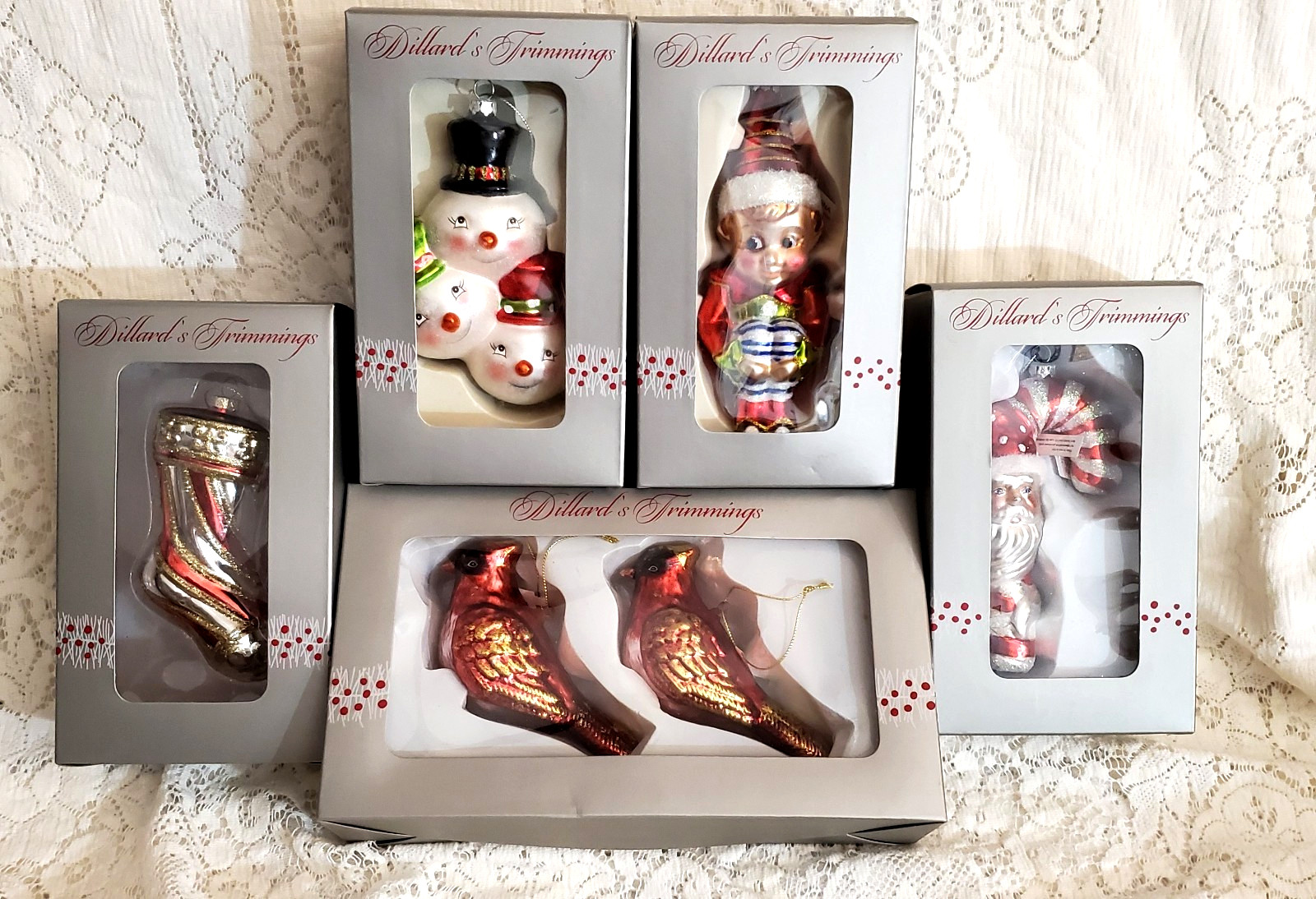 Lot of 6 Dillard's Trimmings Hand Blown Glass Christmas Ornaments NIB