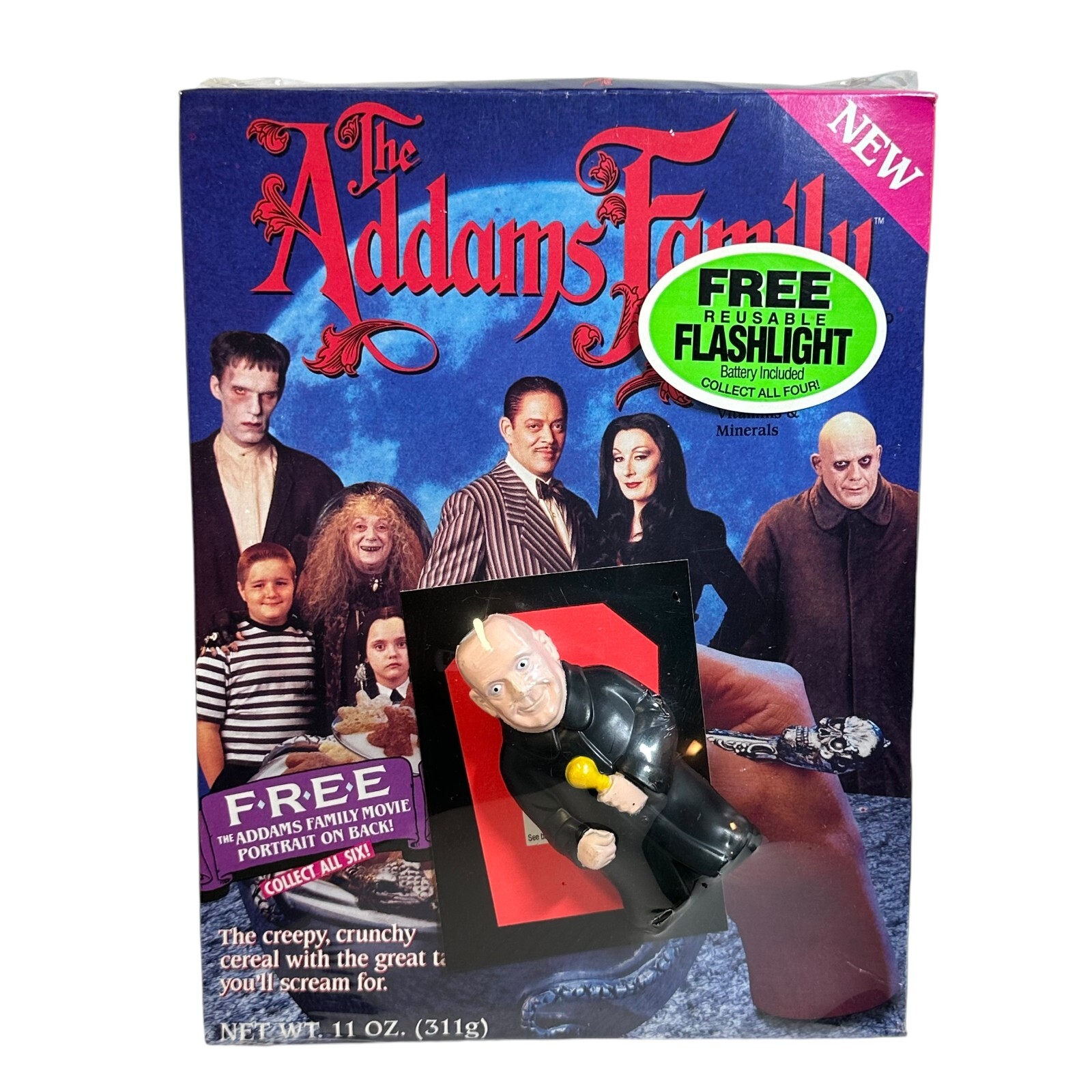 Vintage Addams Family Cereal w/Uncle Fester Flashlight Factory Sealed 1991