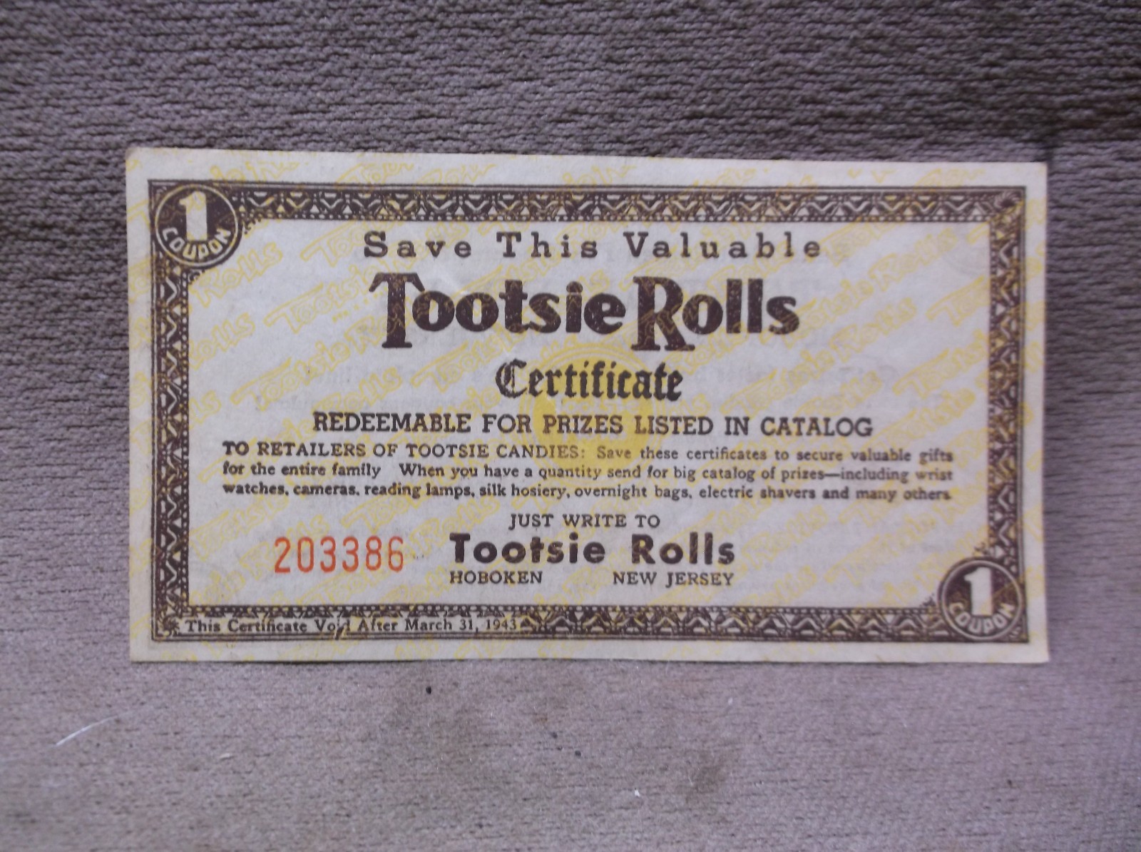 VINTAGE COLLECTIBLE 1943 TOOTSIE ROLLS 1 CERTIFICATE HOBOKEN NJ FUDGE CARAMEL