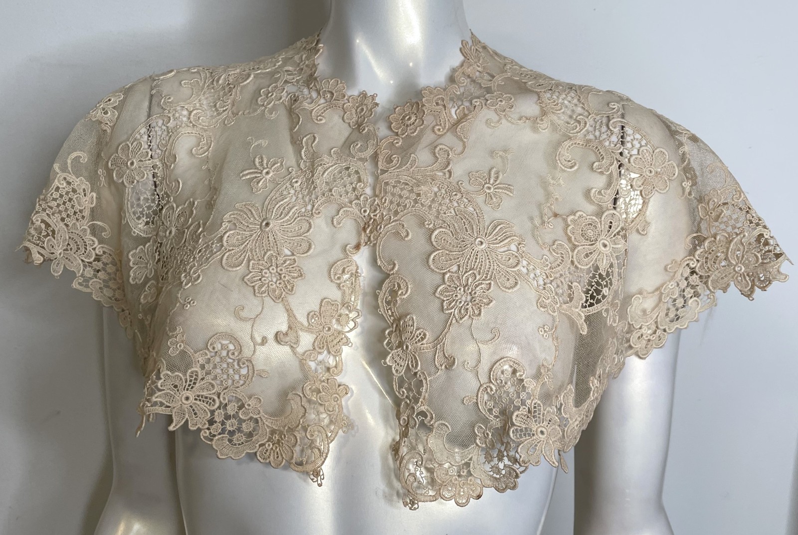 Antique 1900s Ivory Needlepoint Lace Collar Floral Embroidery Brussels Victorian