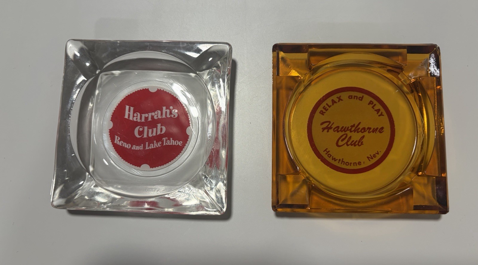 Vintage Hawthorne Club & Harrah’s  Nevada Glass Ashtray Set of 2 Amber Clear NV