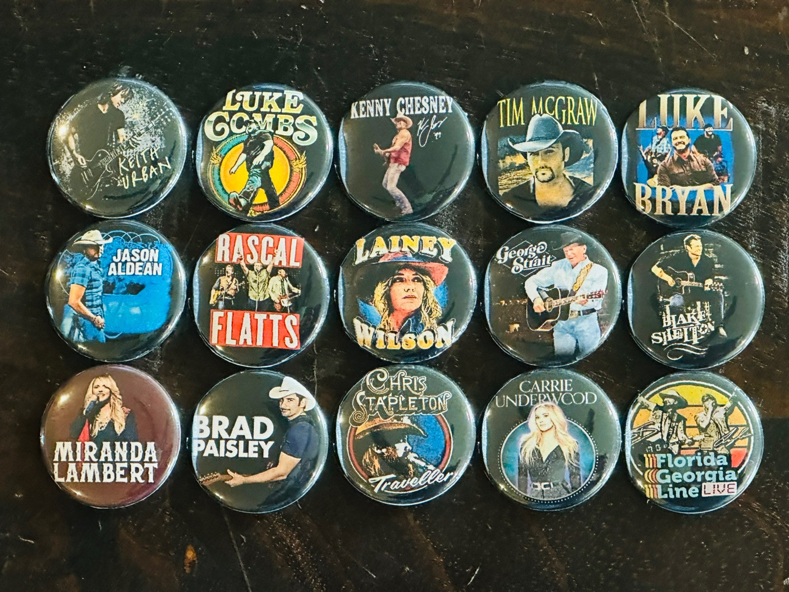 Assorted Country Music Buttons/ Pins Set Of 15