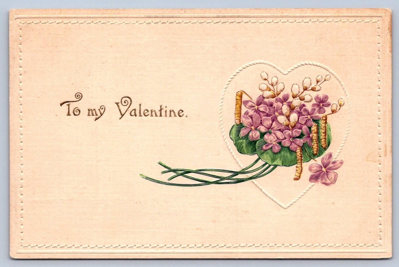 Valentine\'s Day Postcard c1910 Embossed Violets Pussy Willows Lynn MA Postmark