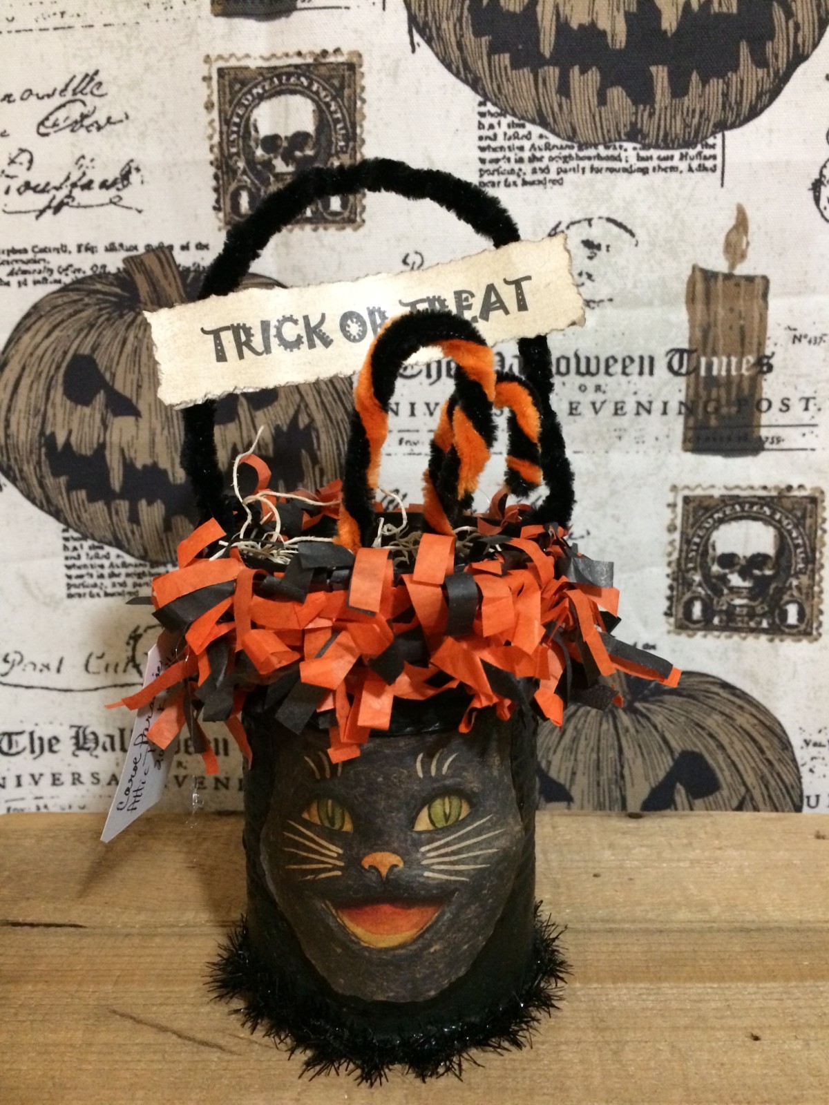 Vintage Style Retro Halloween BLACK CAT Bucket TREAT CAN & Candy Canes -Handmade