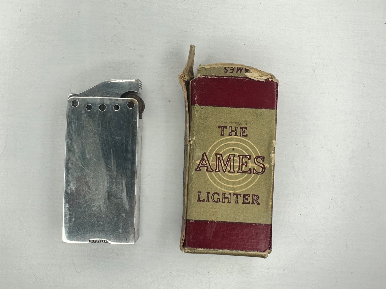 Vintage 1940s Ames Aluminum Block Lighter Chrome w/ Original Box