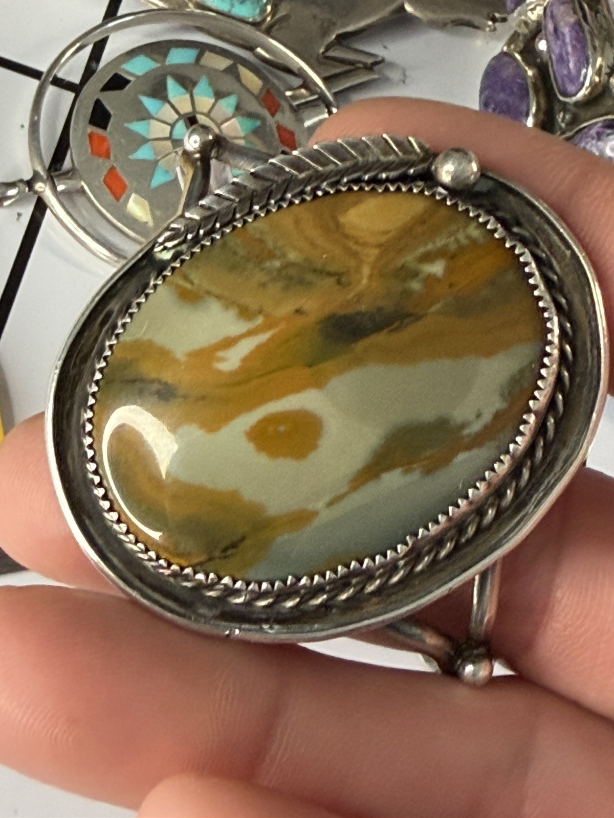 Vtg Old Pawn Native American Navajo Sterling Silver  Landscape Jasper  Bracelet