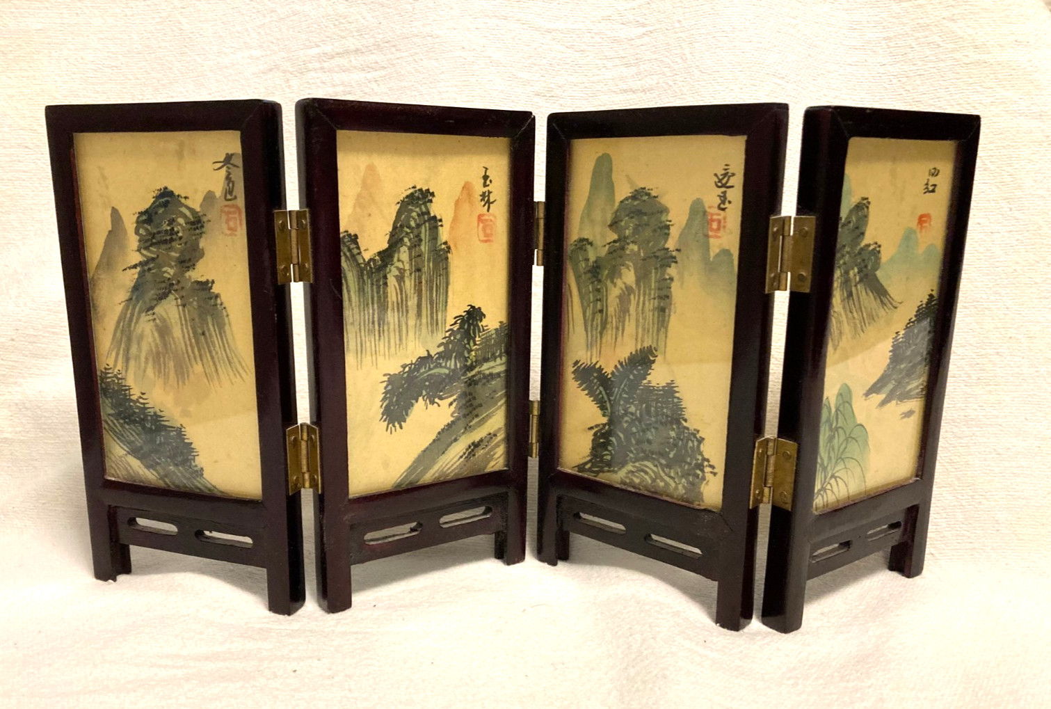 VTG ASIAN TABLE TOP SCREEN 4 PANEL 2 SIDED UNDER GLASS LANDSCAPE FLOWERS BIRDS