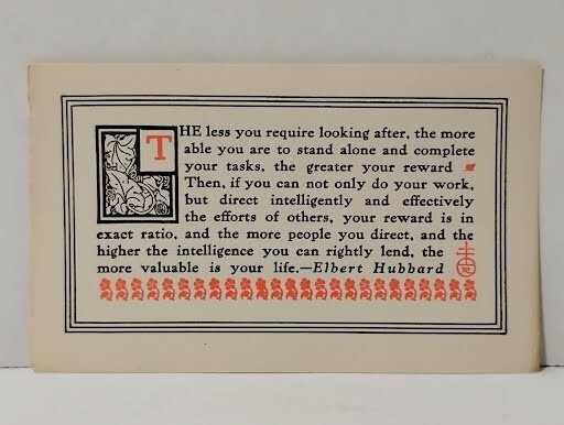 Rare Roycroft Elbert Hubbard Early 1900s Motto Card Antique Arts & Crafts Era
