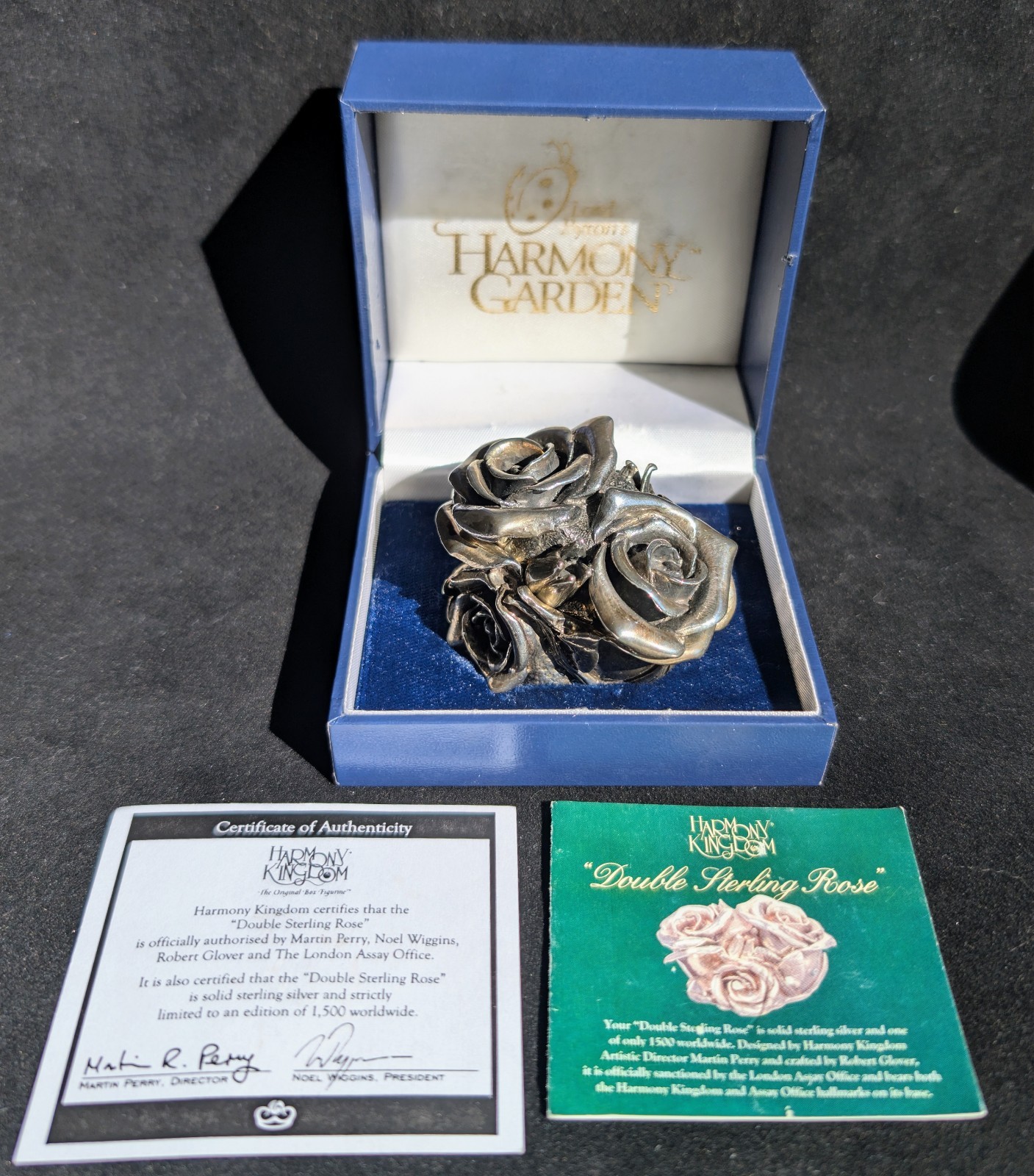 1998 Harmony Kingdom Double Sterling Rose 925 Silver Miniature 397/1500 COA Box