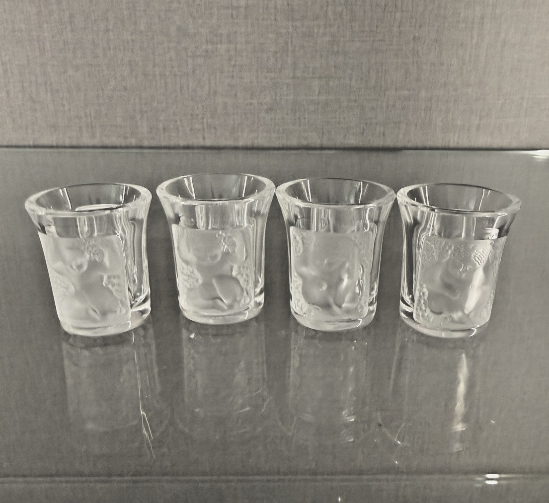 Lalique 4 'LES ENFANTS' Crystal Cordial Aperitif Shot Glasses NEW